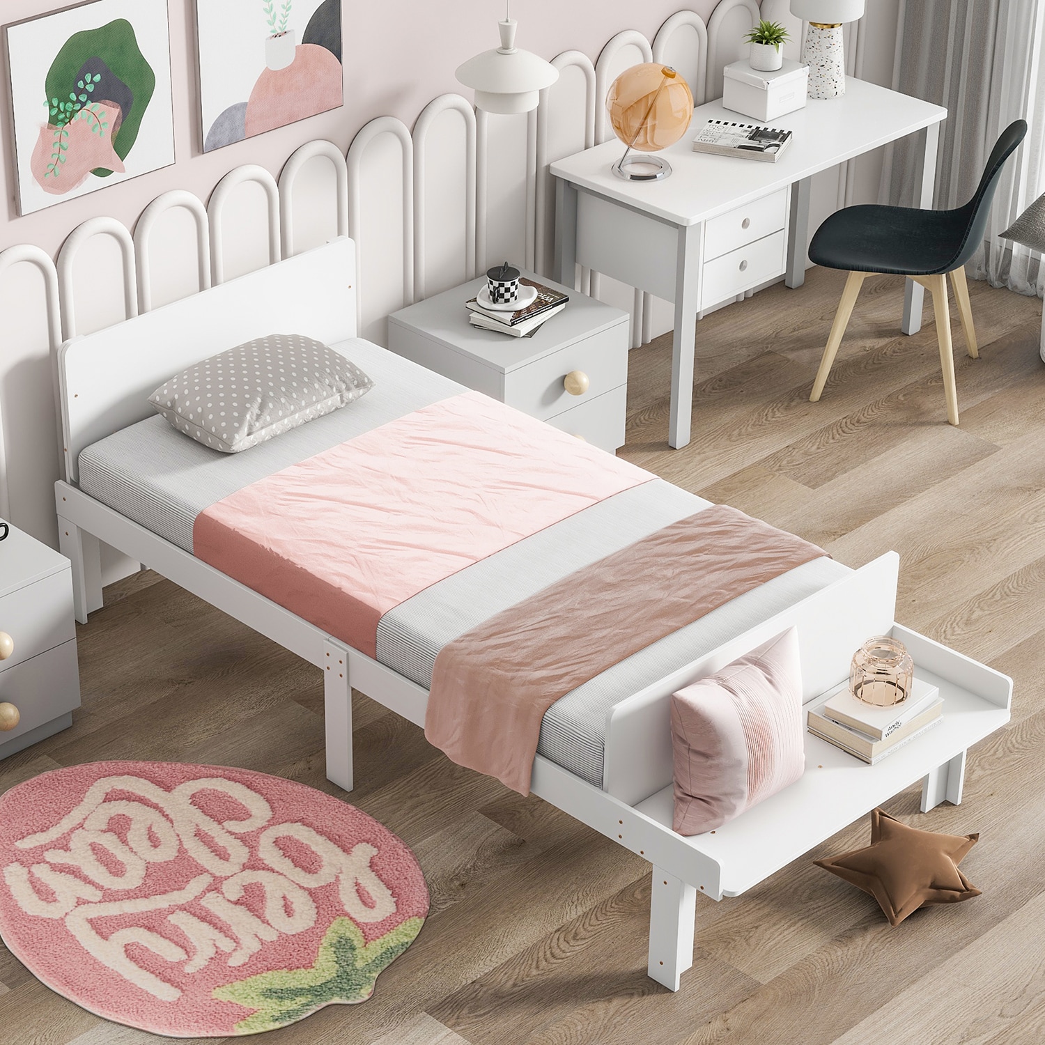 GZMR LZX-WF-0045MW Twin Bed with Footboard Bench White Twin Wood Bed Frame
