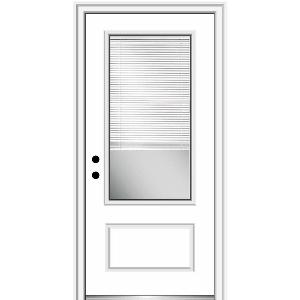 MMI DOOR ZZ365459R 36-in x 80-in x 6-9/16-in Fiberglass 3/4 lite Right-hand inswing Primed Prehung Front Door with Brickmould Insulating core with Blinds