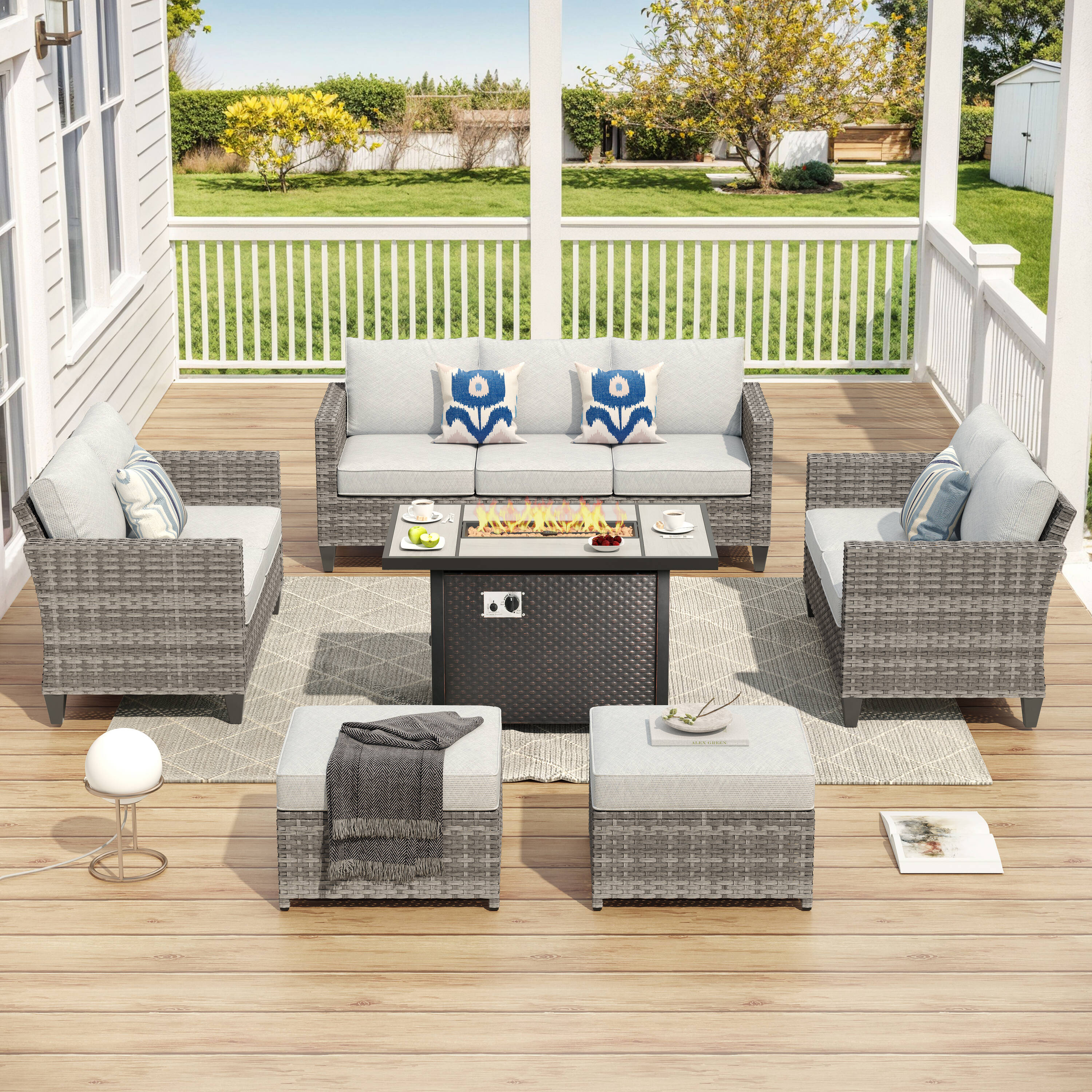 Pouuin SDFPVYZBS409 6 -Piece Wicker Patio Sofa Conversation Set with Light Gray Cushions