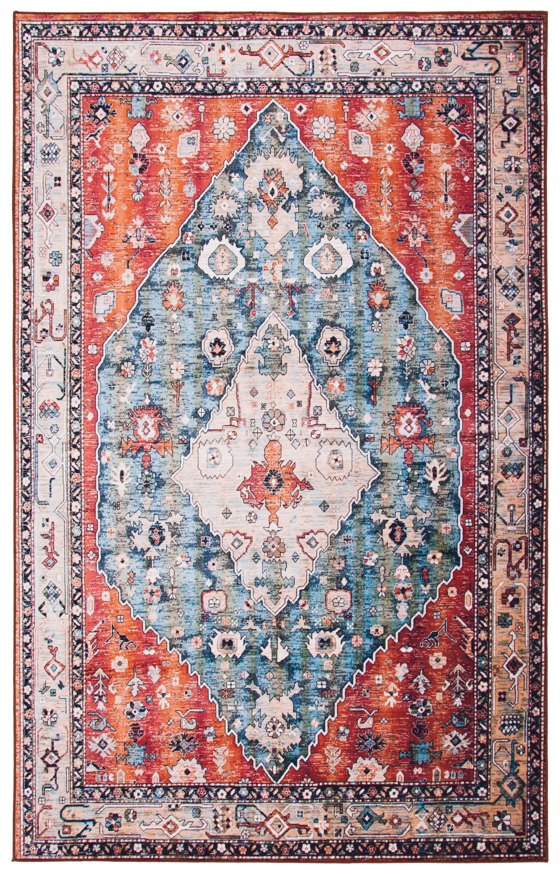 Beige and Blue Rectangular Synthetic Washable Area Rug