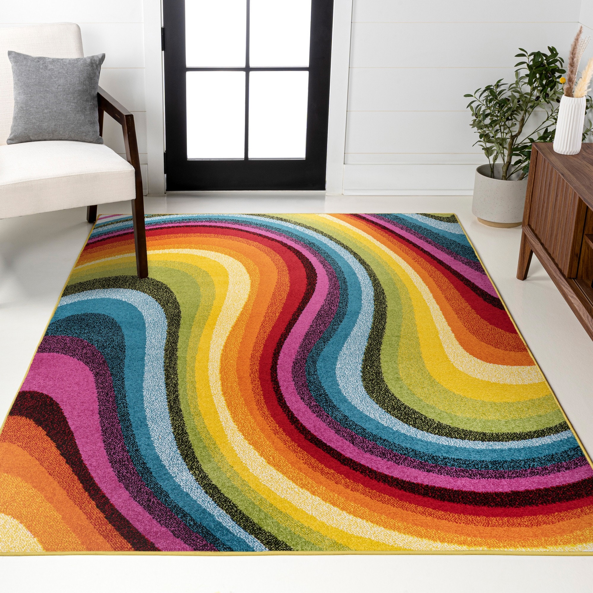 JONATHAN  Y DZC100A-3 DAZZLE Flow Abstract Swirl 3 x 5 (ft) Loomed Red/Yellow/Blue Rectangular Indoor Geometric Mid-Century Modern Pet Friendly Area rug