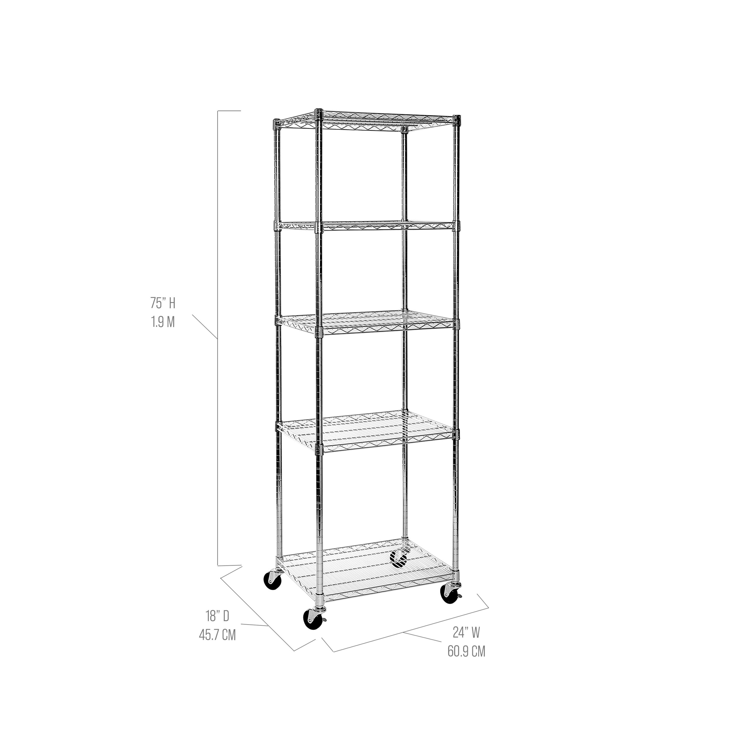 UltraDurable 5-Tier Chrome Steel Wire Shelving, 24"W x 18"D with Wheels