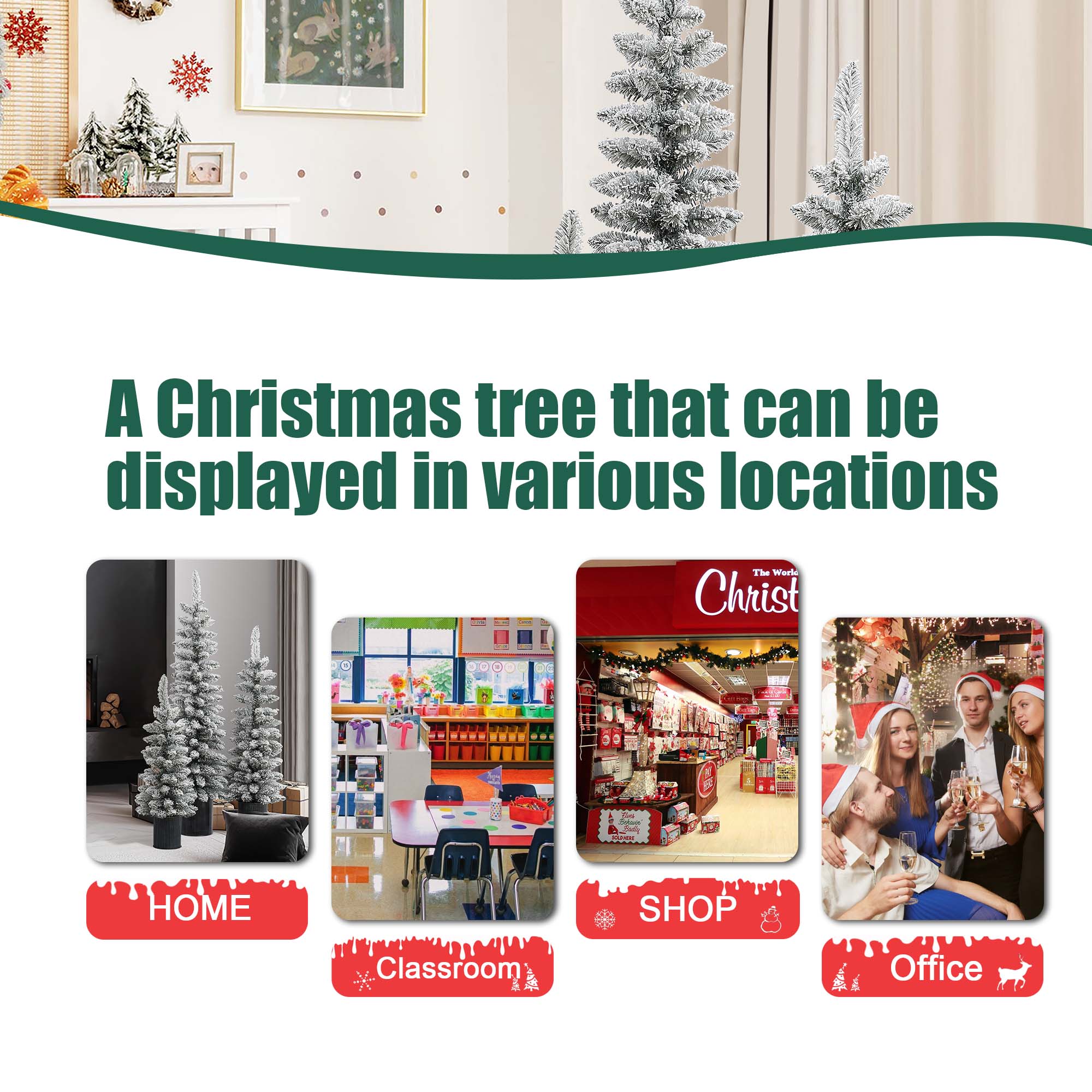 Set of 3 Snow-Flocked PVC Christmas Trees with Metal Pots