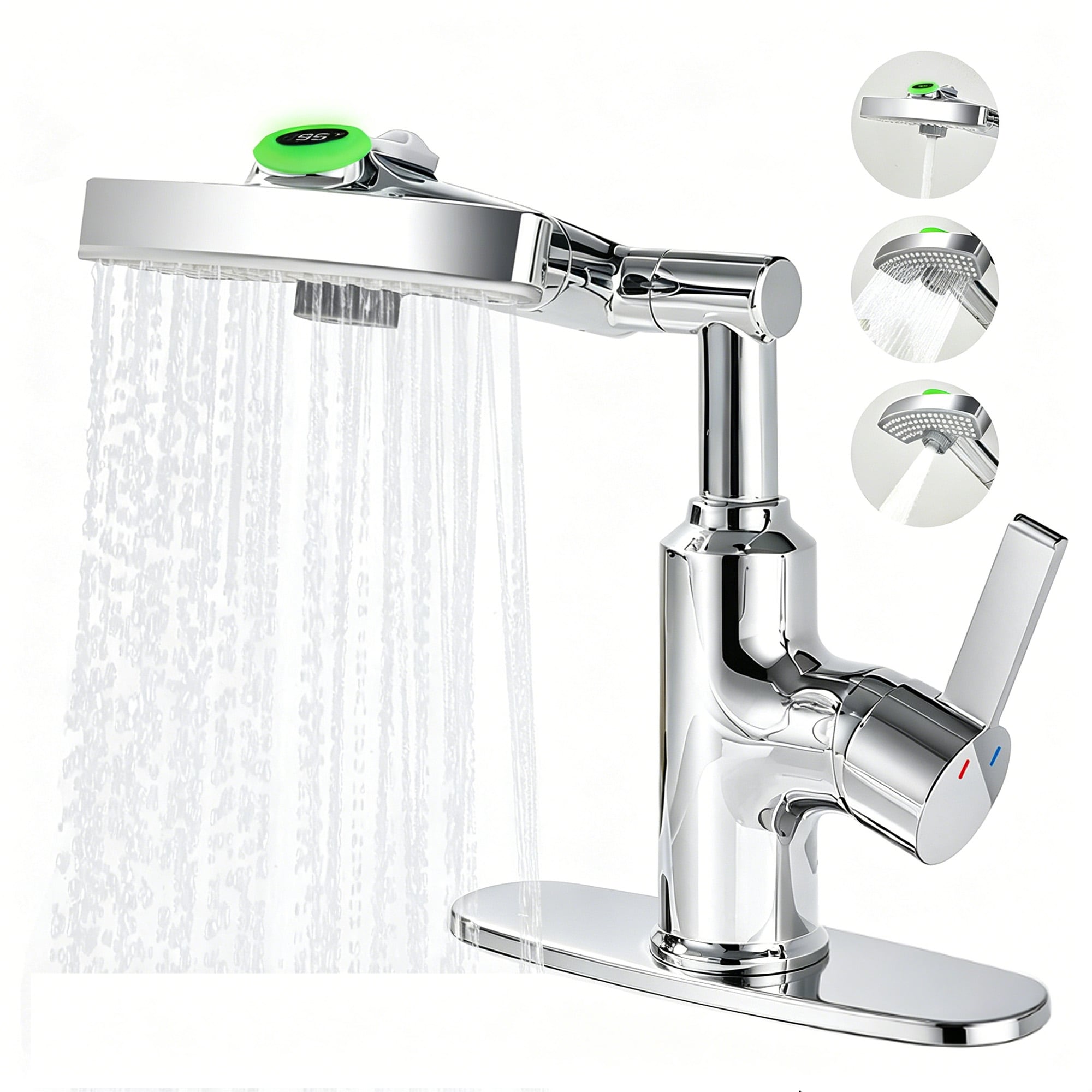 Lordear Chrome LED Temperature Display Single Handle Bathroom Sink Faucet 3 Modes Vanity Faucet 360 Rotating Spout