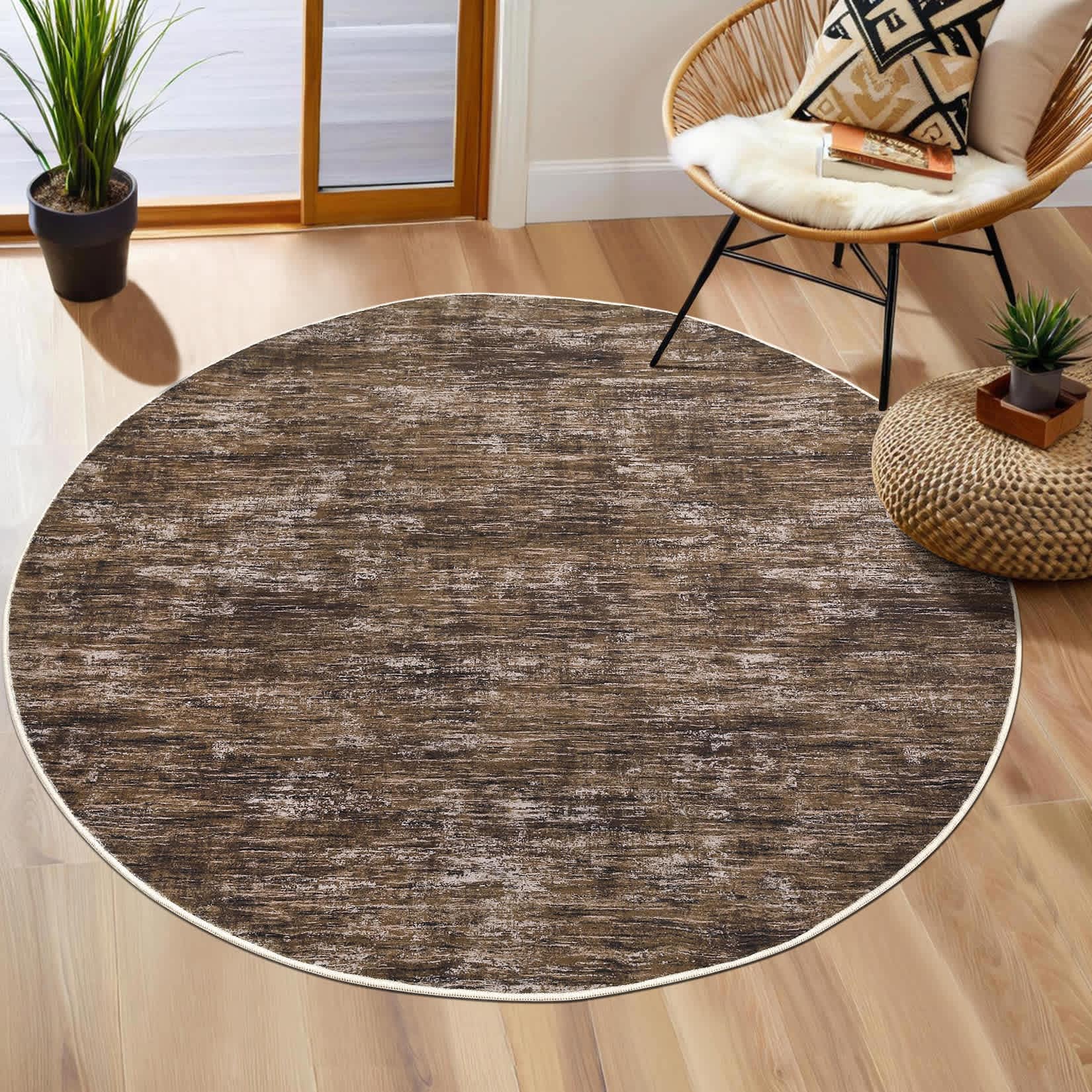 Qeetex SUNNY-PHO-16OW5743 3 x 3 ft Polyester Brown RoundLiving Room Bedroom Dining Room Solid Modern Machine Washable Area Rug