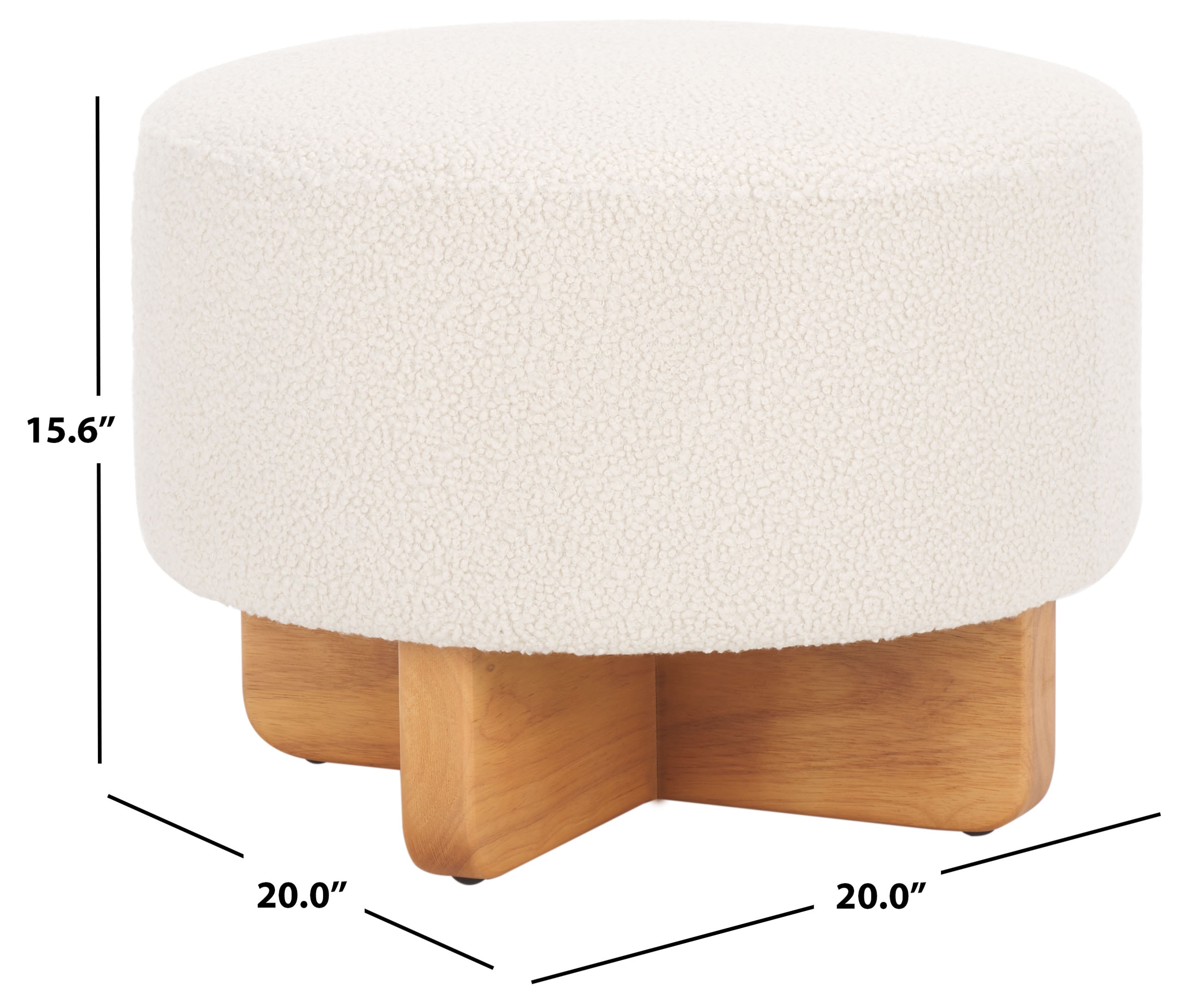 Riah Off White Boucle Round Ottoman with Natural Wood Base