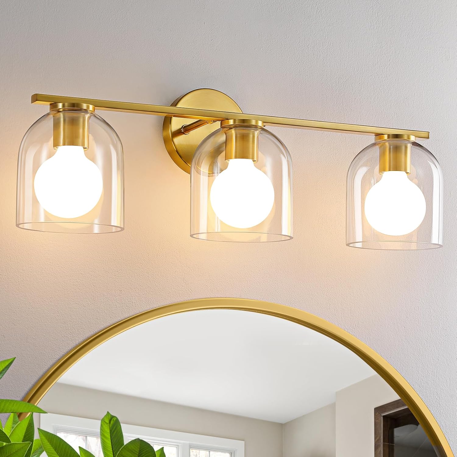 KAISITE 8202WL-03GD-US Bathroom Vanity Light Fixtures 23.3 Inch Modern Brushed Gold Bathroom Light Fixtures Over Mirror with Clear Glass Shade 3-Light Bathroom Lights Above Mirror