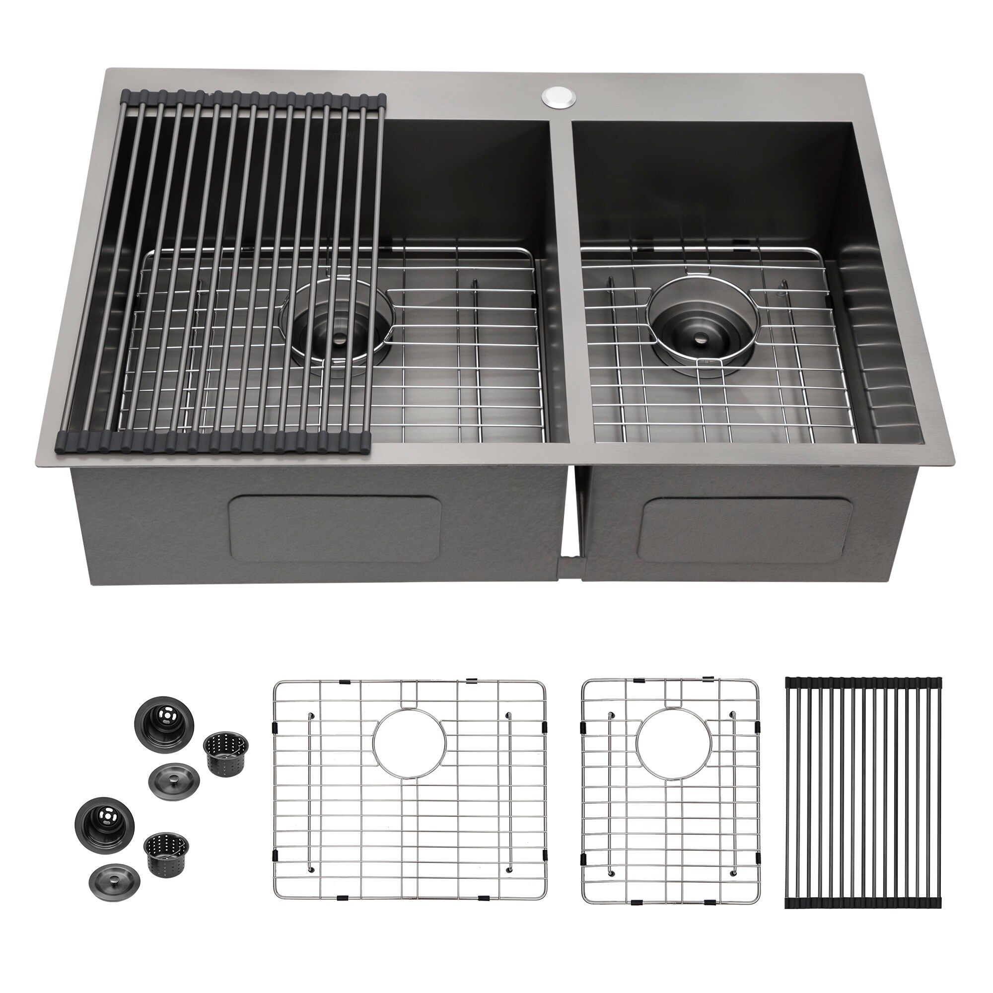 LUXEYARD Double Bowl Drop in Sink- 33in x 22in x 9in Gunmetal Black Double Bowl Kitchen Sink 16 Gauge with Two 9in Deep Basin