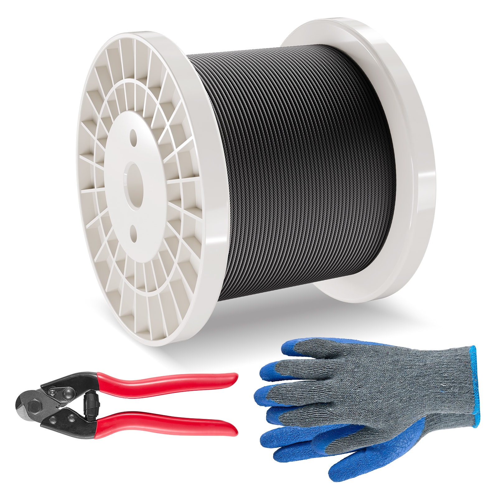 GIVIMO Stainless Steel Wire Rope Kit 1/8-in 500-ft 316 Black Cable with Cutter and Gloves 1600-lb Breaking Strength