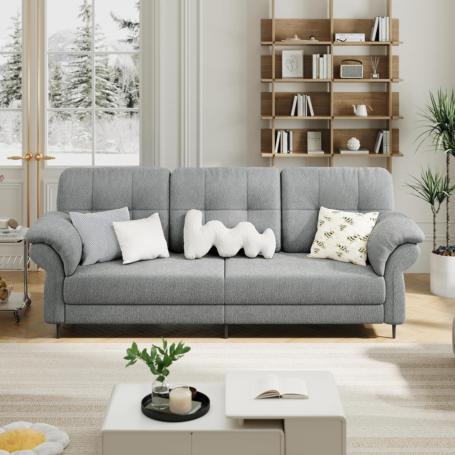 WhizMax PD-PHO-343EXC3S 84-Inch Living Room Sofa-Removable Pillows-Teddy Fleece Fabric-Side Pockets-Light Gray