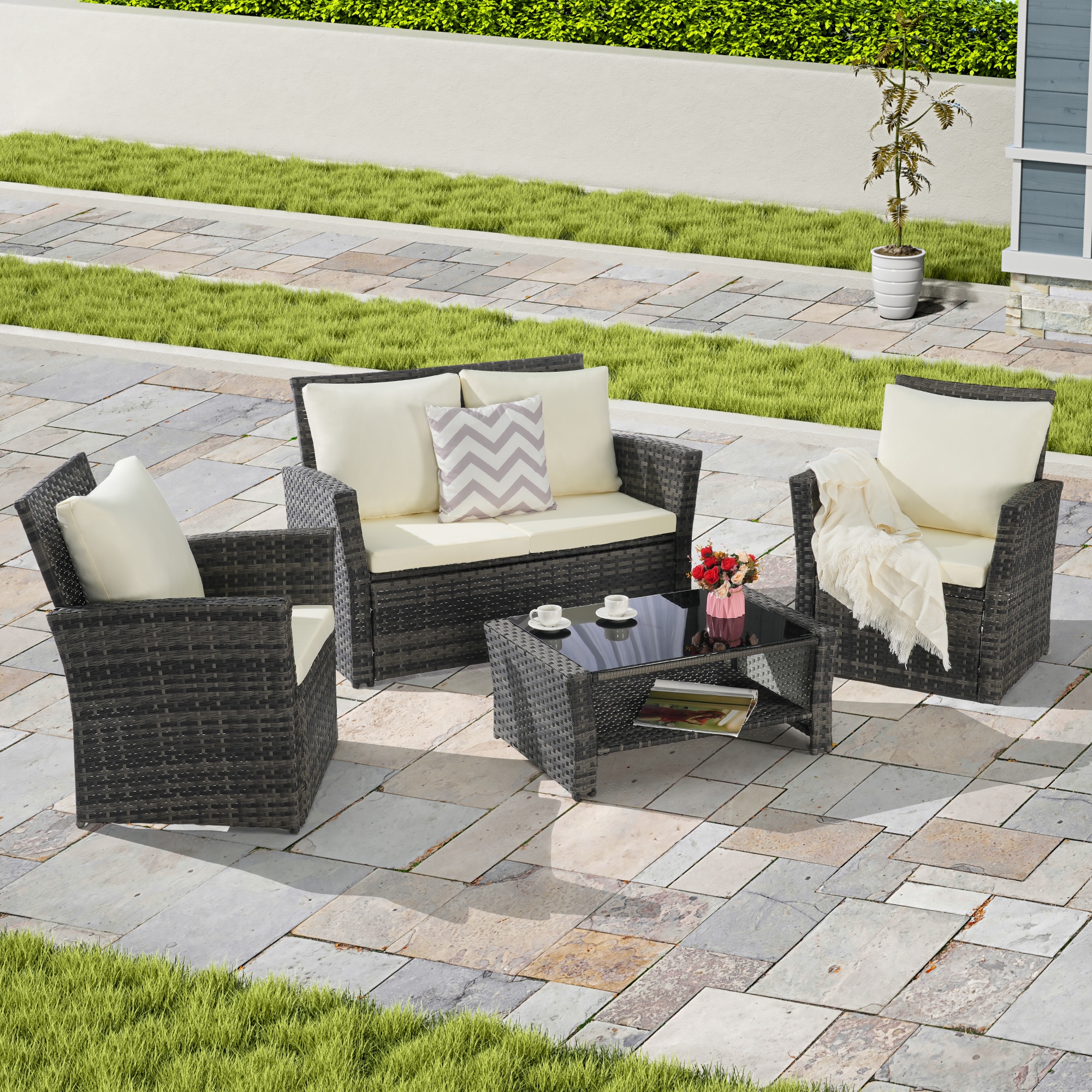 SANSTAR LRS-WS852SN Patio Conversation Sets 4 -Piece Wicker Patio Sofa Conversation Set with Brown Cushions