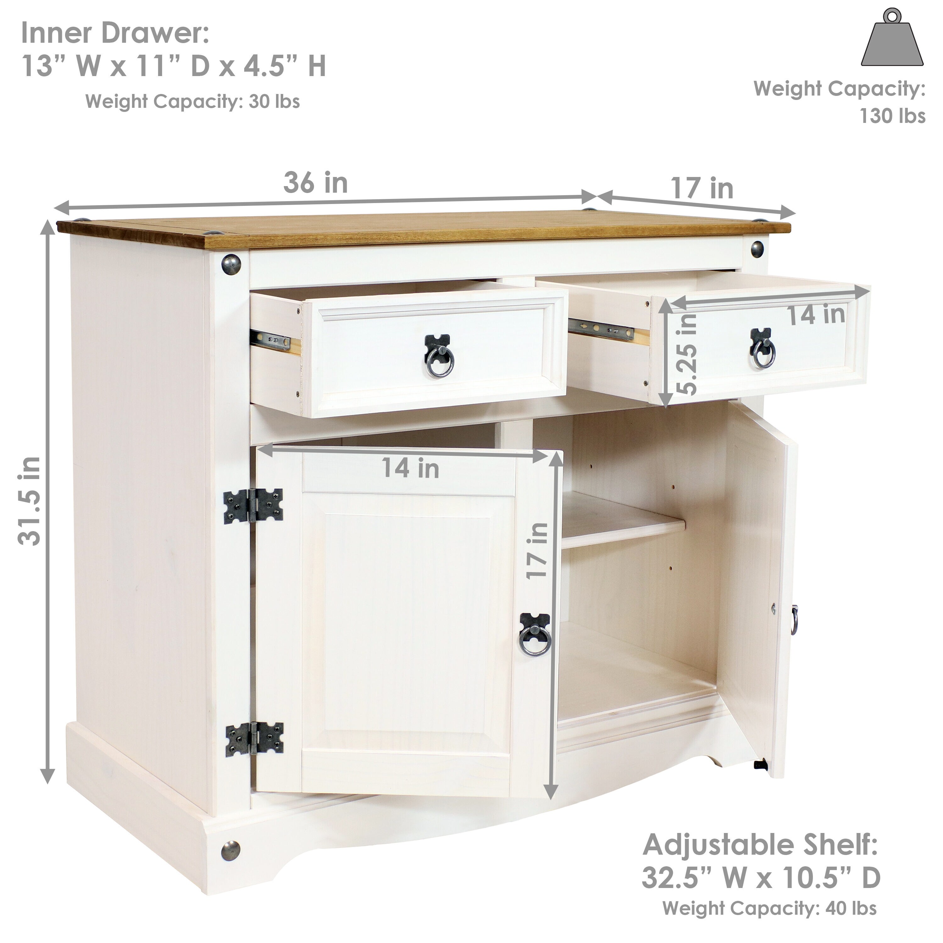 Sunnydaze White Pine Sideboard Cabinet with 2 Drawers and 2 Doors