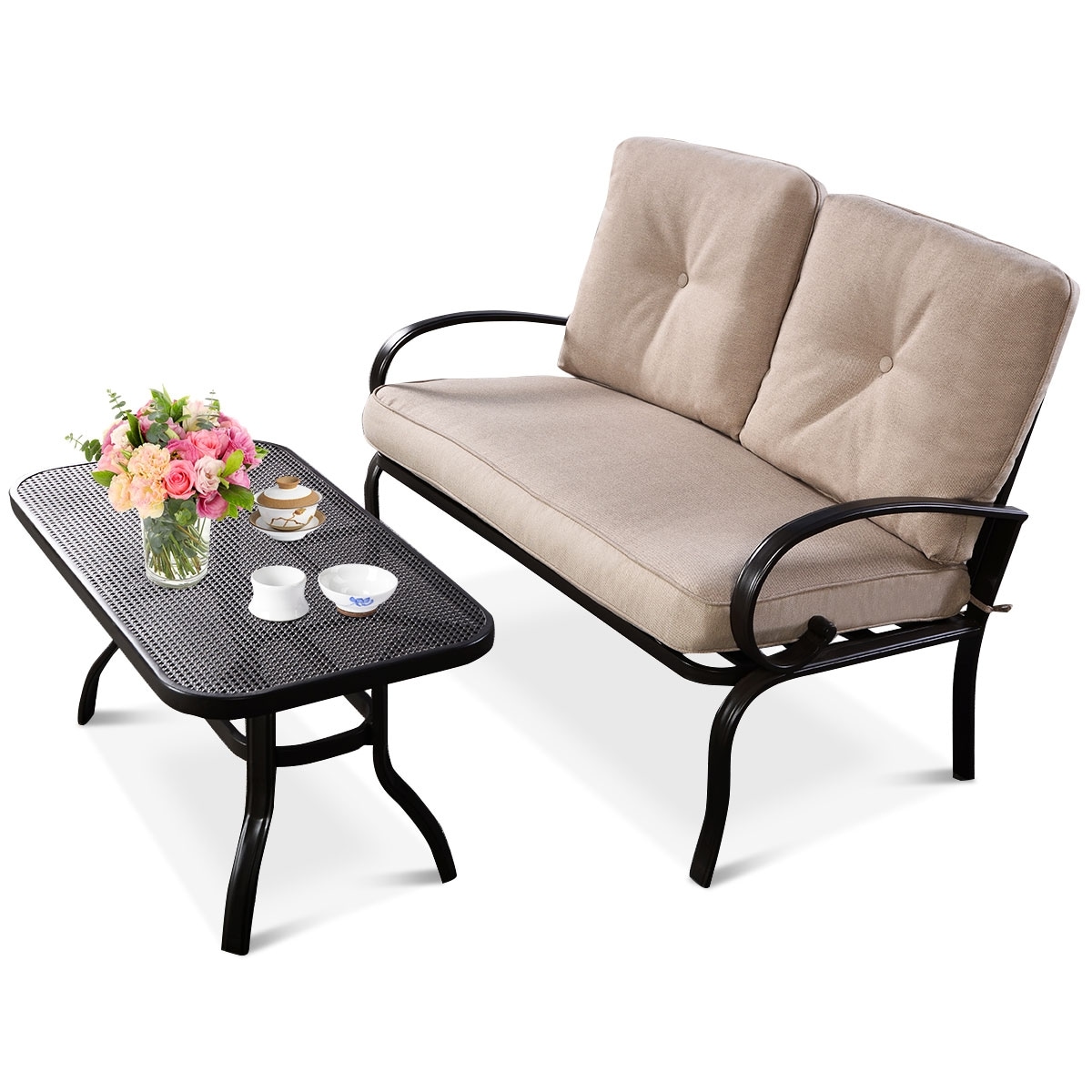 CASAINC WF-HW51784 2-Piece Patio Conversation Set with Brown Cushions