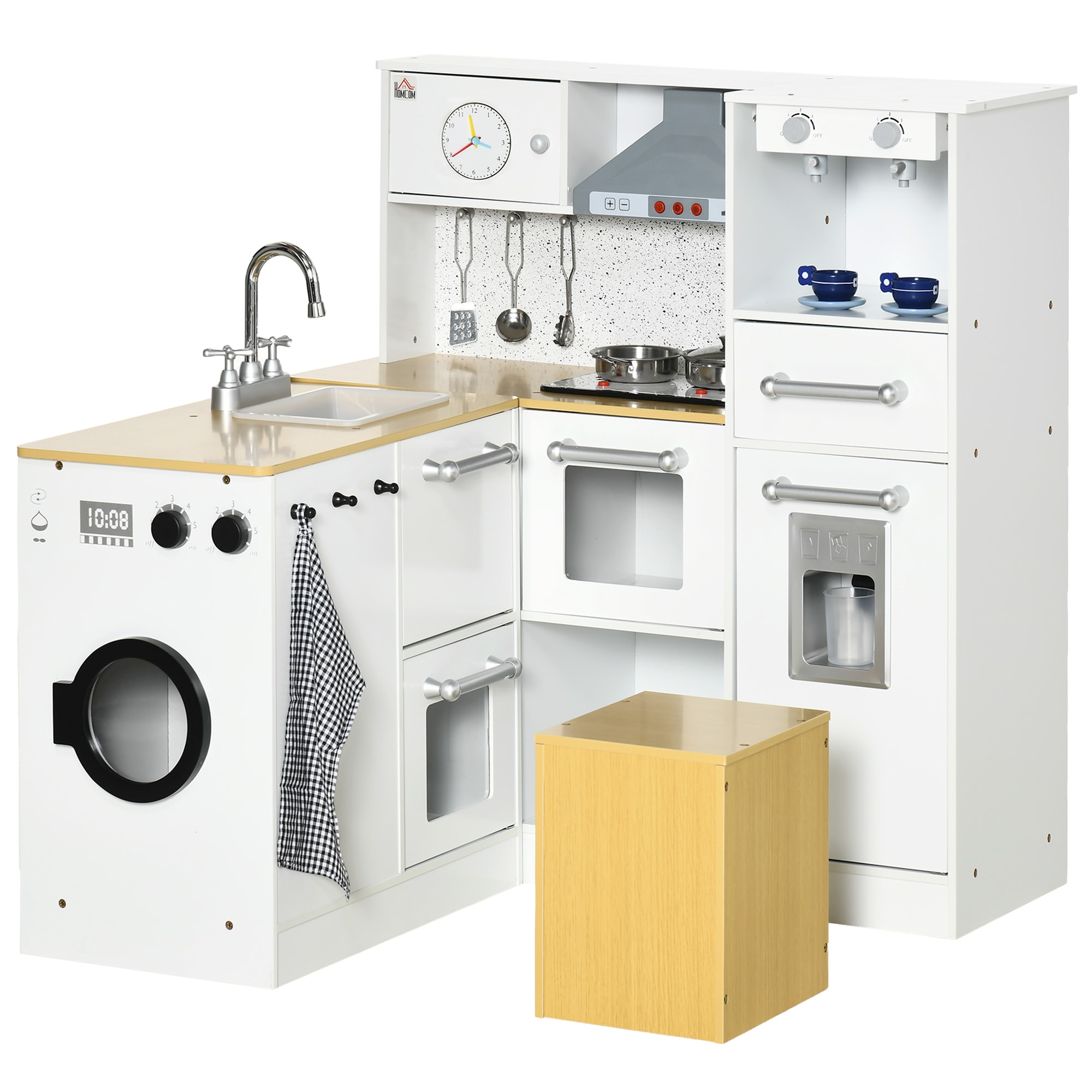 Qaba 350-141V00WT 2Pcs Kids Play Kitchen Set with Lights Sounds Kids Kitchen Playset with Stool Oven Coffee Maker Ice Maker Washing Machine White