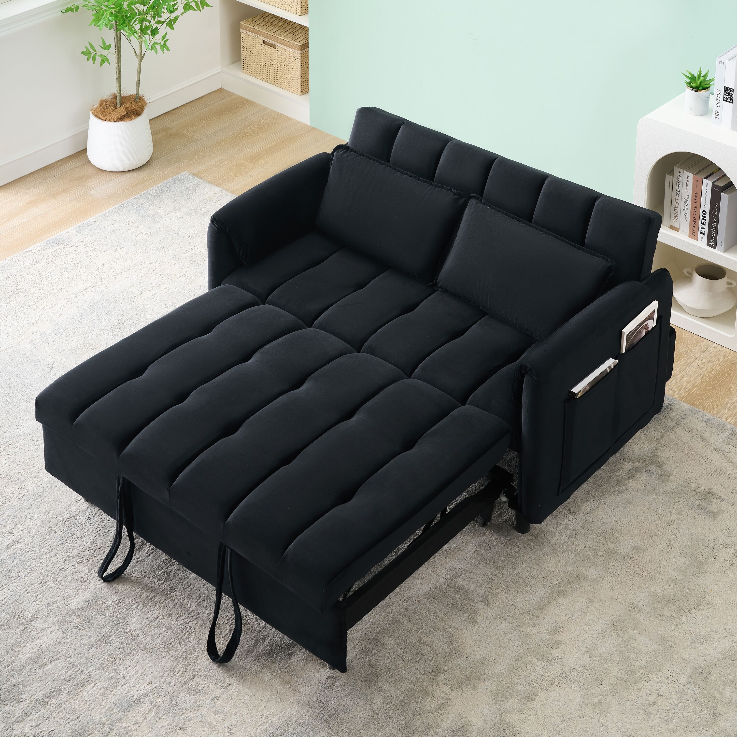 LOVMOR 52.00inch Convertible Sleeper Sofa Velvet Black Couch for Living ...