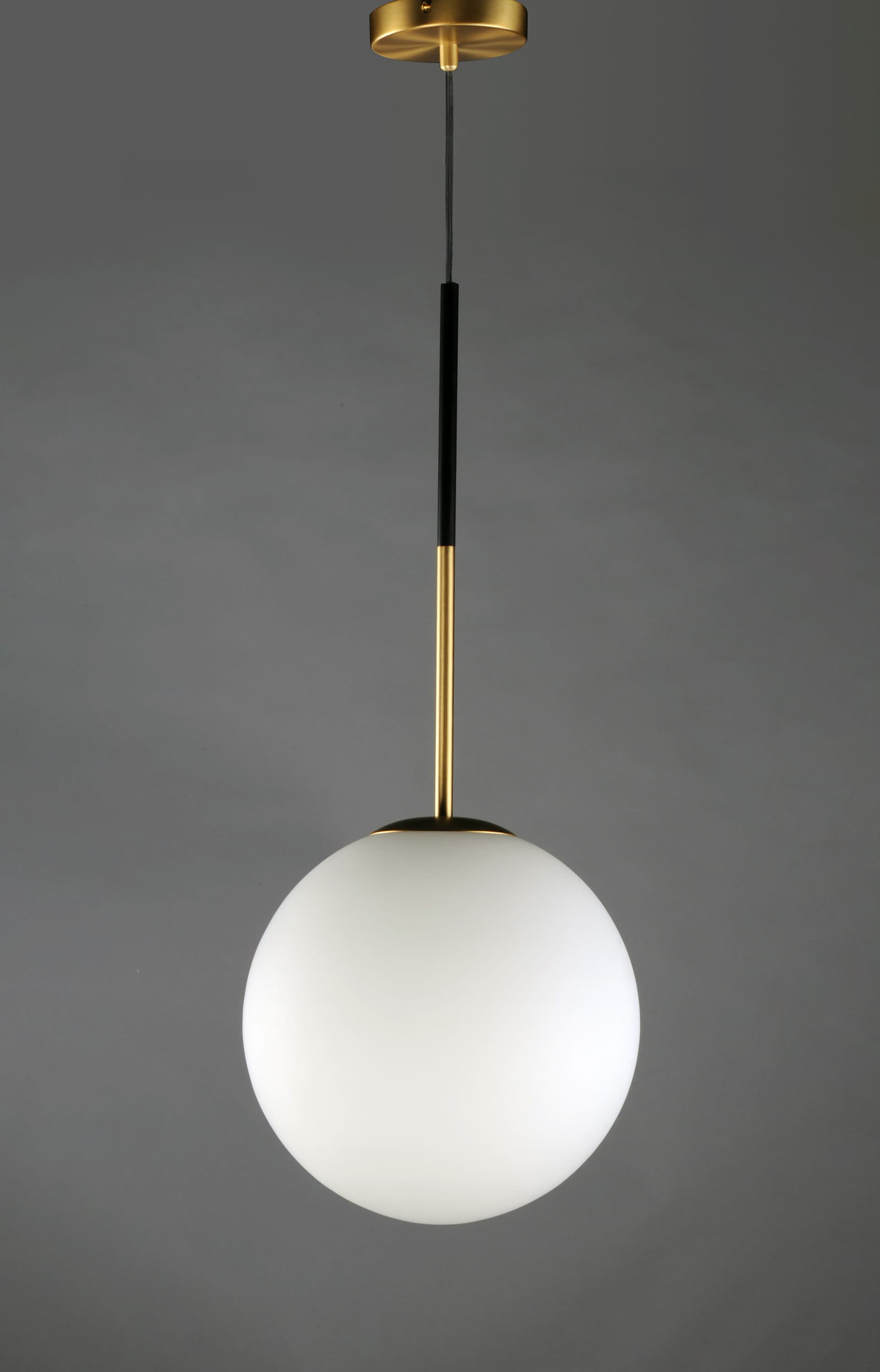 Vesper Satin Brass & Black Globe Pendant with Dimmable White Glass Shade