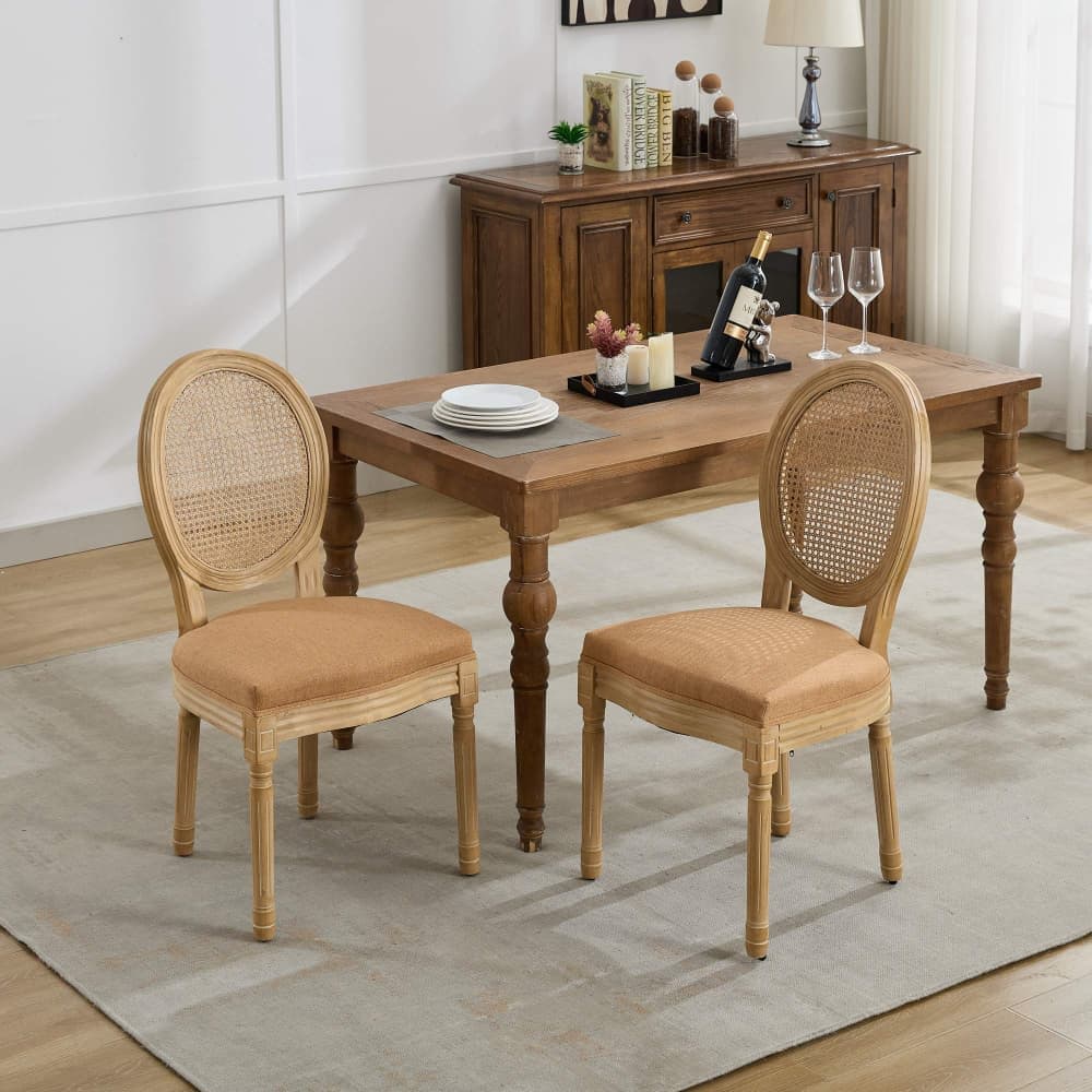 Maison Boucle KITO-CHAIR-TAN Set of 2 Tan Linen Dining Chairs with Solid Wood Frame and Faux Rattan Back for Dining Room