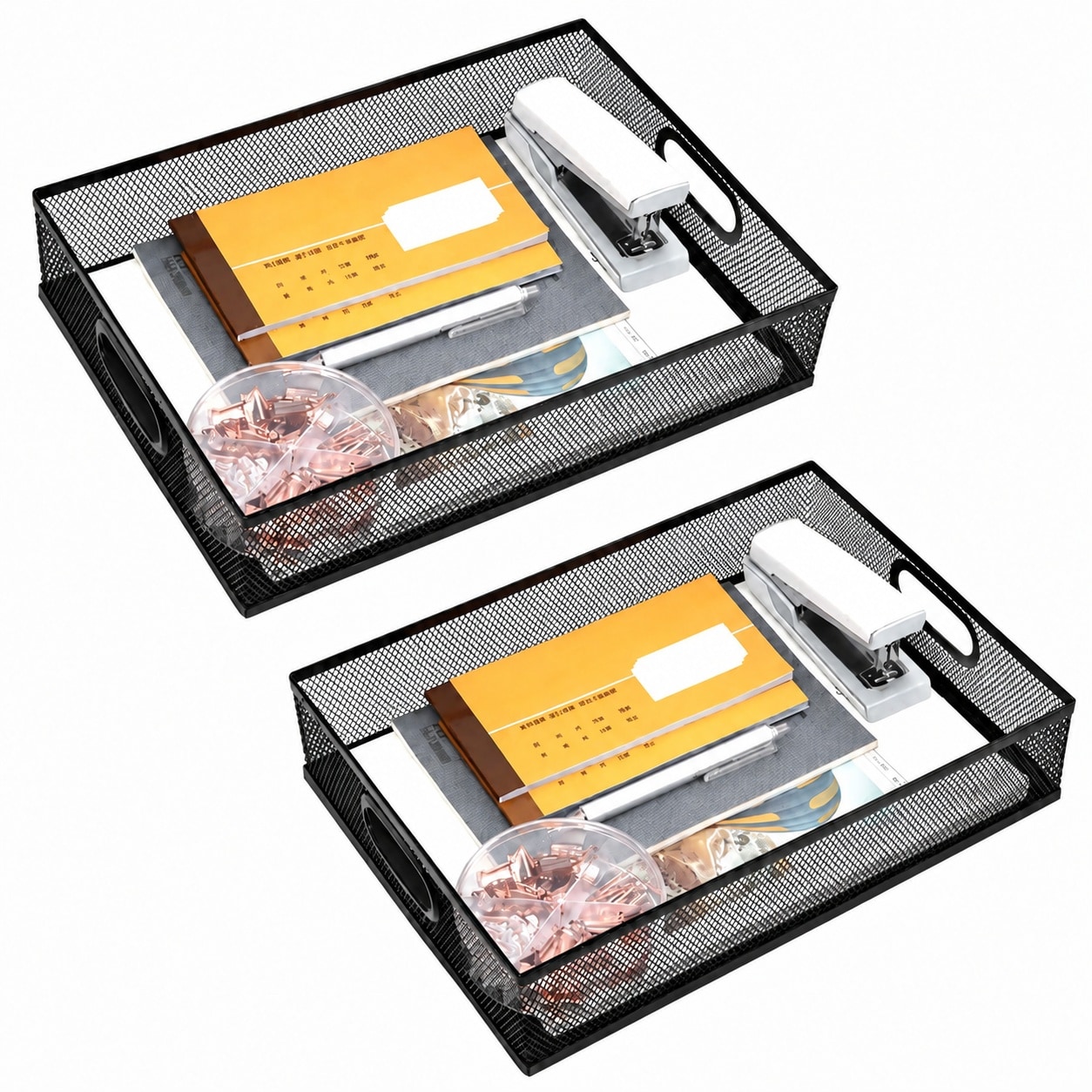 Yichuhaoxi  Metal Mesh Desk Drawer Organizer Set Two Pieces Large Size Black Versatile Storage Tray for Office and Home Supplies