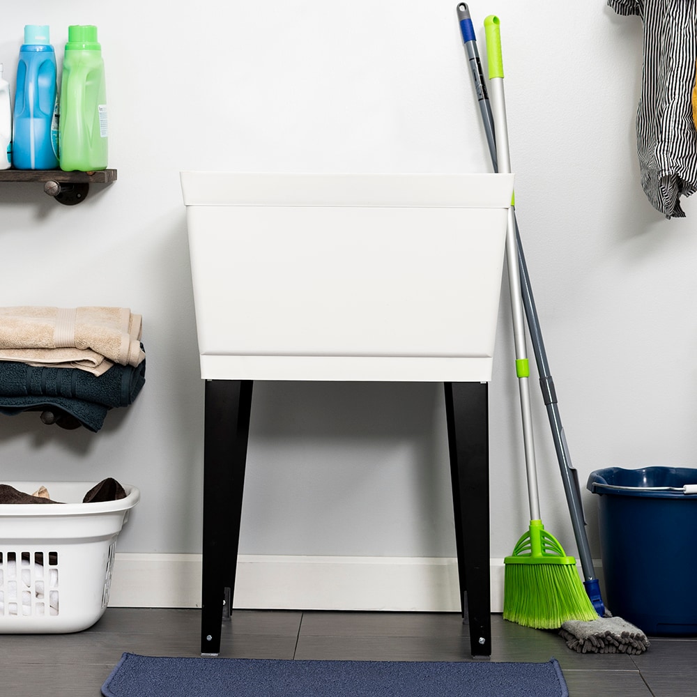 White Freestanding Utility Sink with Black Metal Legs