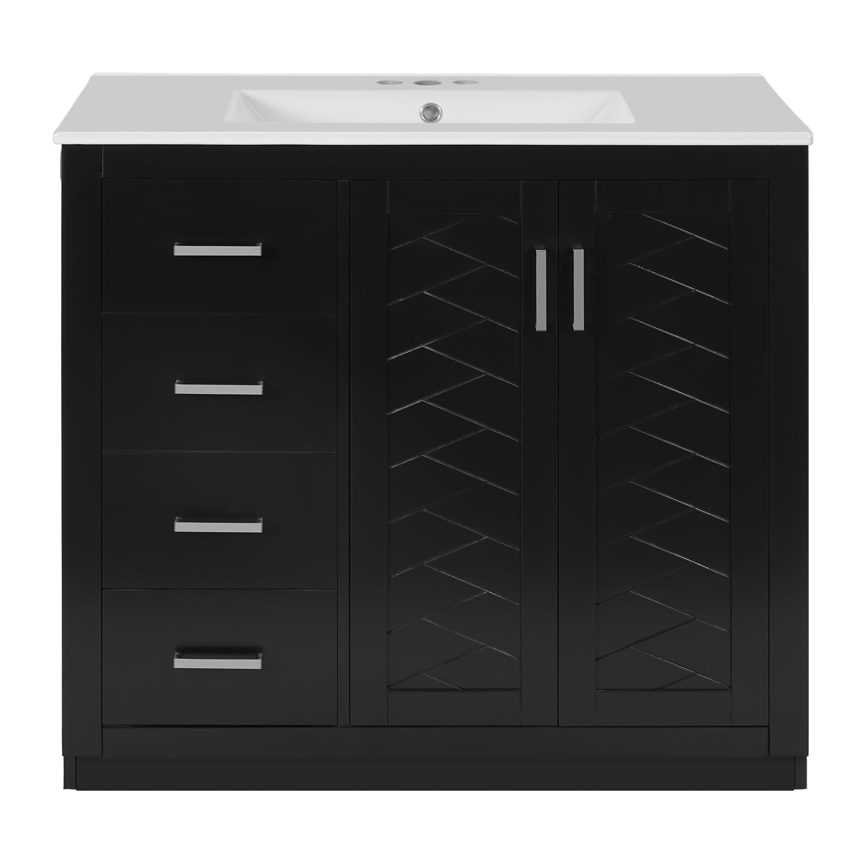 Vynxaria LEXY1405-DJYS-SZT175 36 Inch Black Freestanding Bathroom Vanity with Ceramic Sink Solid Wood Frame 3 Drawers Soft Closing Doors
