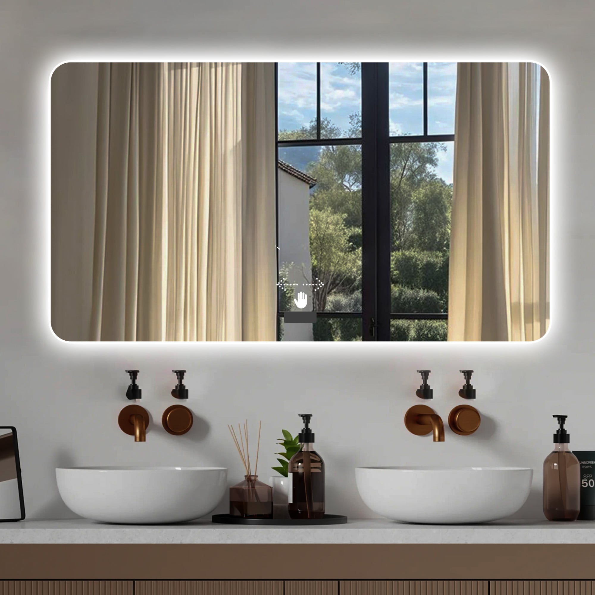 Ayelon 48-in x 32-in Polished Frameless Rectangle Dimmable LED Lighted Fog Free Bathroom Vanity Mirror ( Silver )