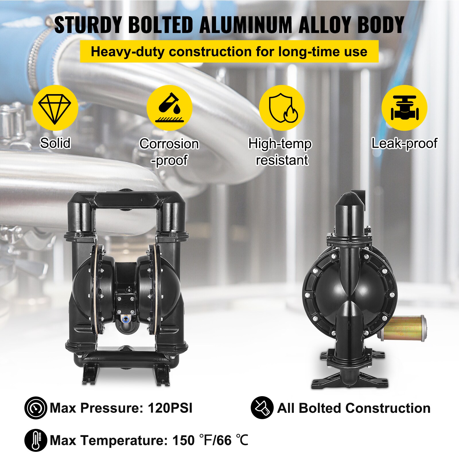 VEVOR Air-Operated Double Diaphragm Pump 1/2 inch Inlet Outlet, Diaphragm  Air Pump Cast Iron 12 GPM, Air Diaphragm Pump Max 120PSI for Chemical