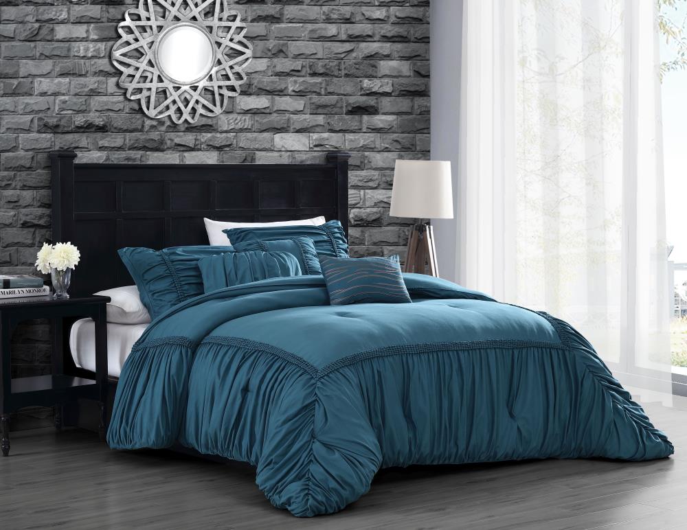 6pc Complete Double Bed Size Reversible Black Teal Duvet Cover Bed Set 