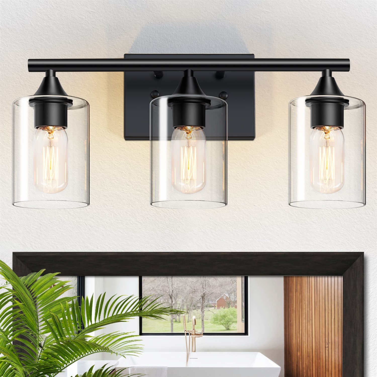 Lirago 3 Light Matte Black Bathroom Vanity Light Reversible Mount Solid Metal Wall Fixture with Clear Cylinder Glass Shades Industrial Bathroom Wall Lighting No light bulb