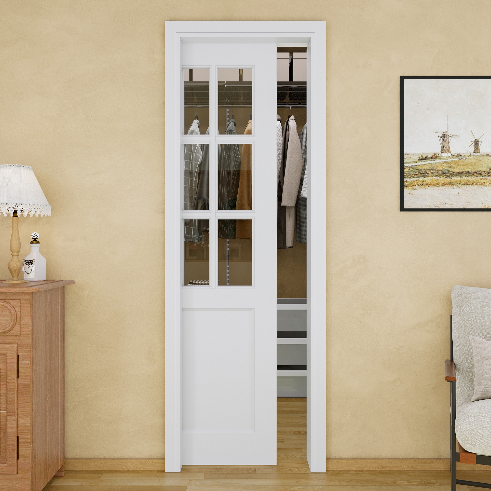 JUJUBON 24-in x 96-in MDF Pocket Door Frame with Pocket Door,Pocket Door Frame and Hardware Soft Close Included #IN-PDPK-LGCL-9624