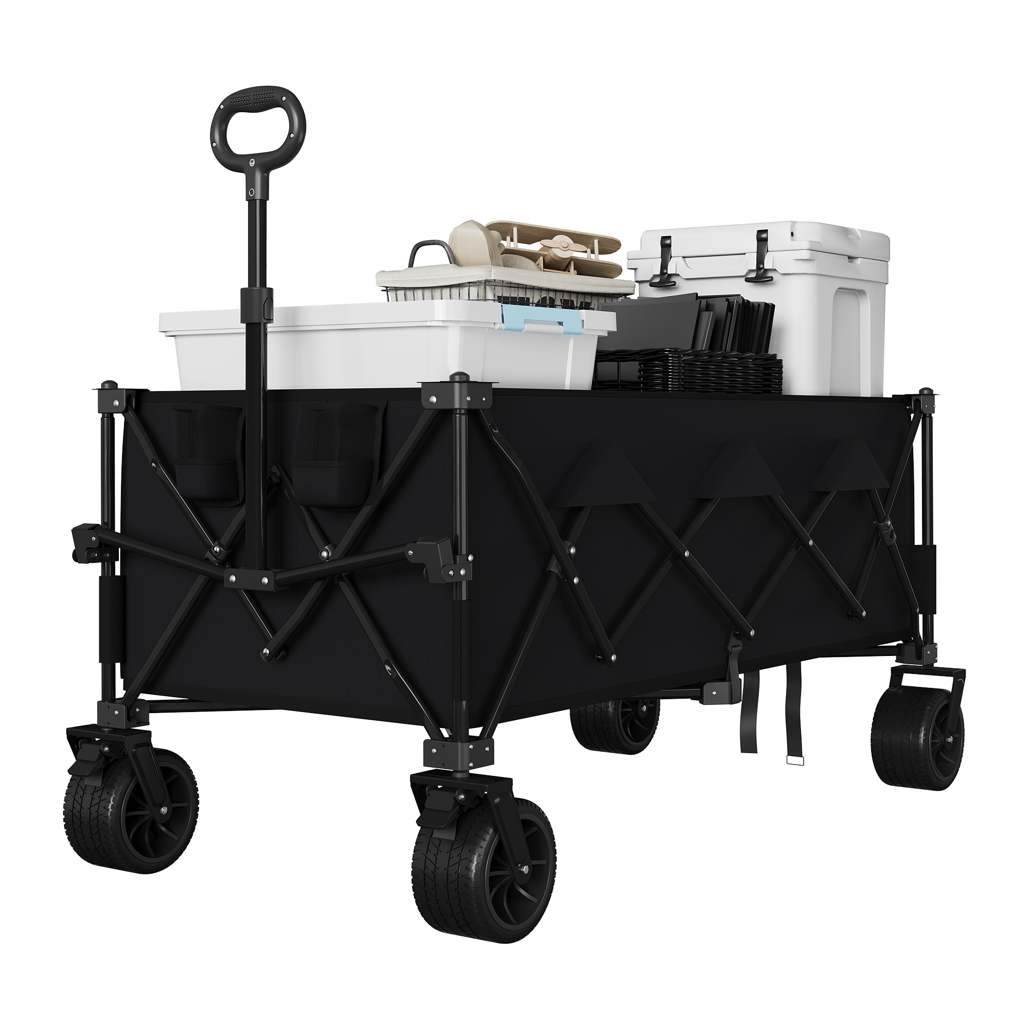 IdealHouse 52Inch Heavy Duty Collapsible Wagon Cart 460lbs Capacity 350L Extra Large Collapsible Utility Wagon All Terrain Wheels Adjustable Handle Cup Holders Side Pocket Black