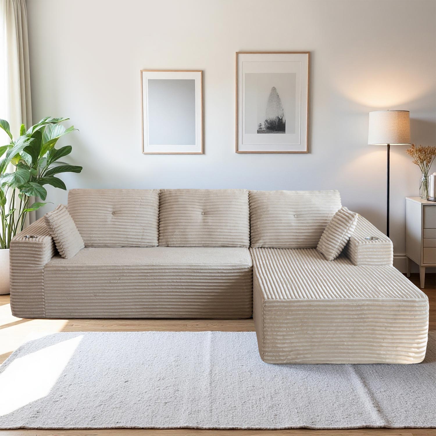 MAXYOYO 104-in Beige Modular Corduroy Sectional Couch Sofa with L-Shape Right Chaise