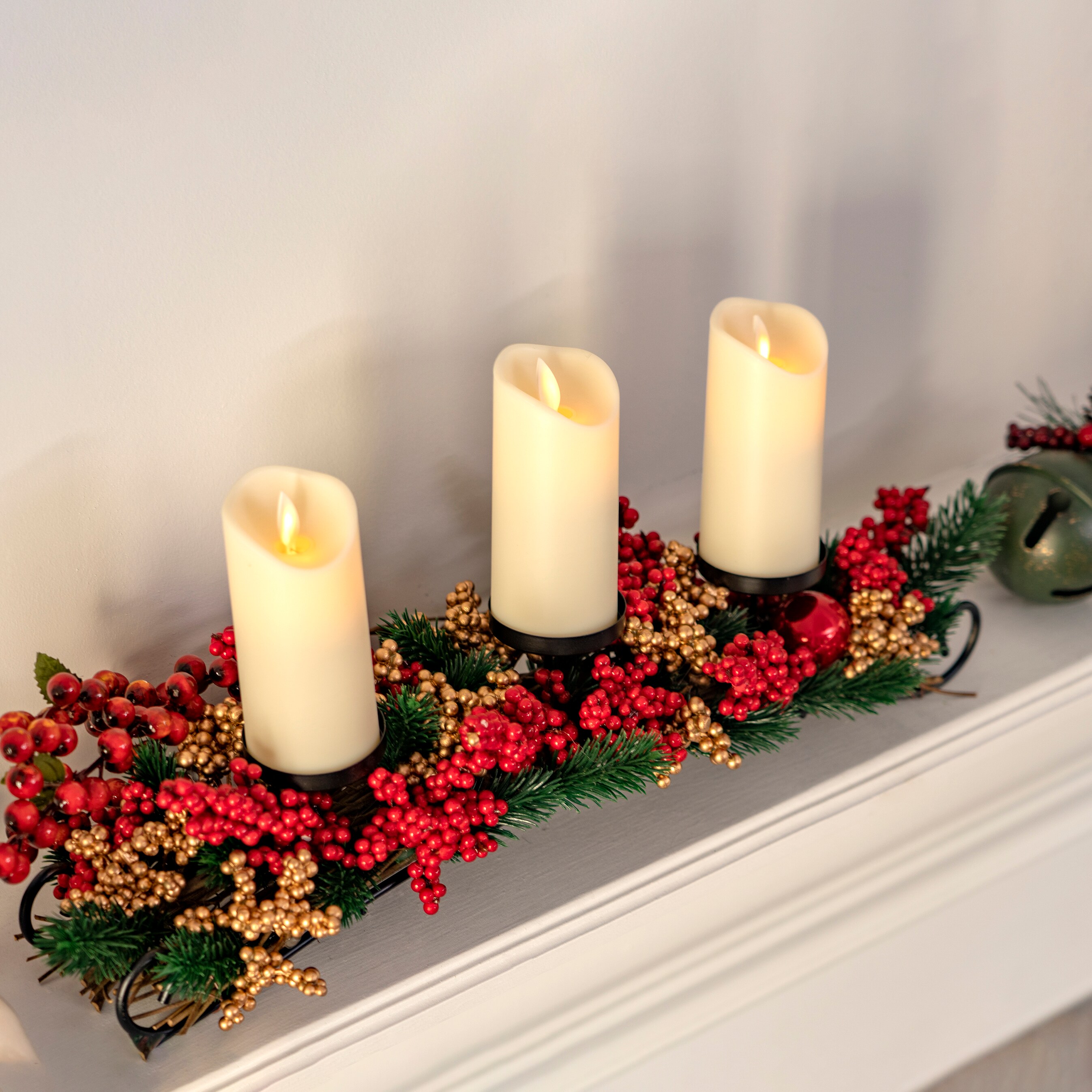 Winter Elegance 20" Iron Sleigh Candle Holder with Red and Gold Berries