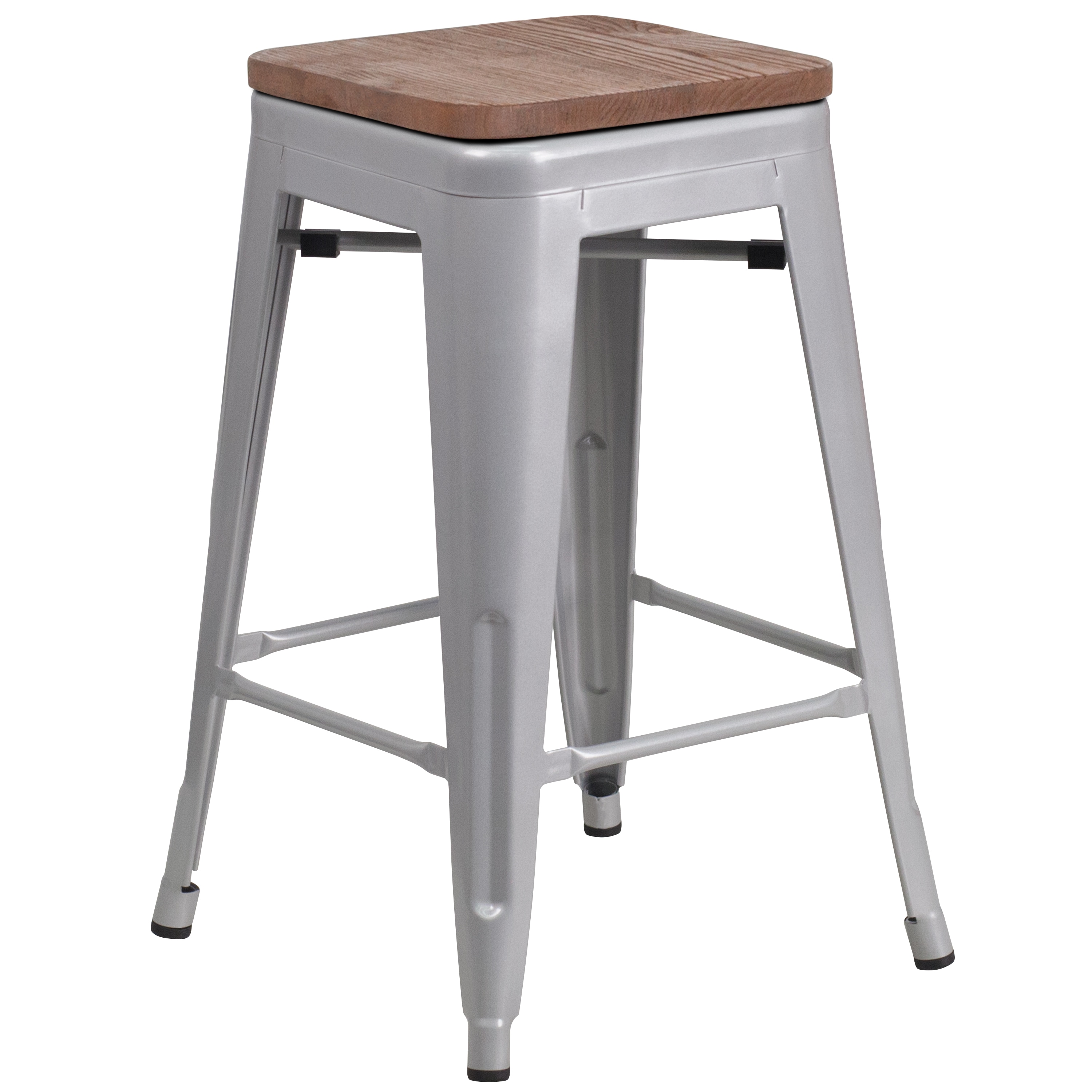 24'' Backless Industrial Style Distressed Silver Gray Metal Restaurant Stool 