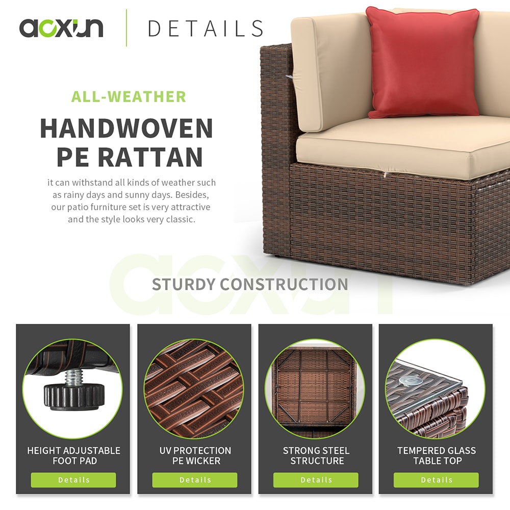 AOXUN 8-Piece Rattan Patio Conversation Set With Brown Cushions In The ...