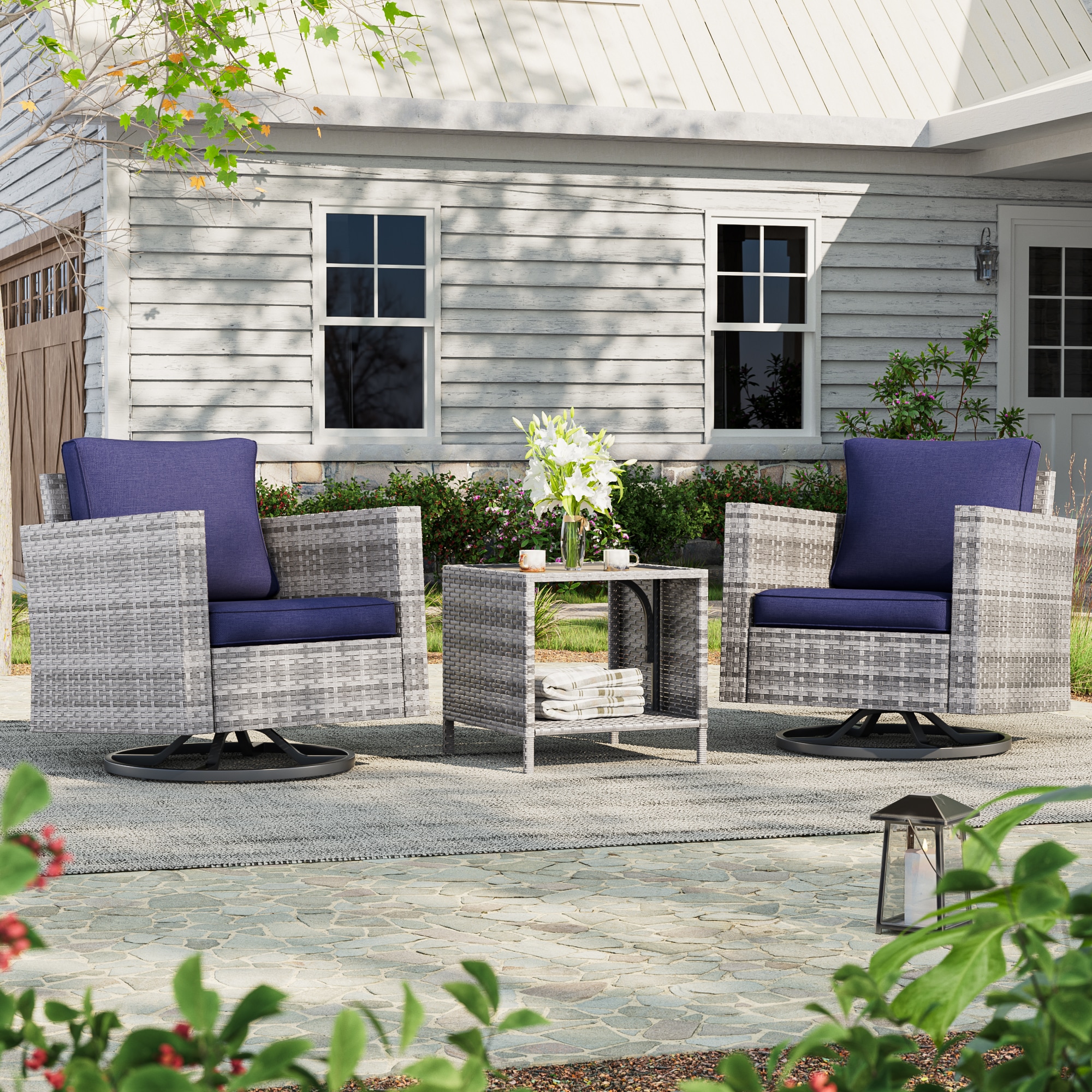 ACEGOSES LW-2R-HNY-T3 Patio Swivel rocker chairs 3 -Piece Wicker Patio Conversation Set with Blue Cushions