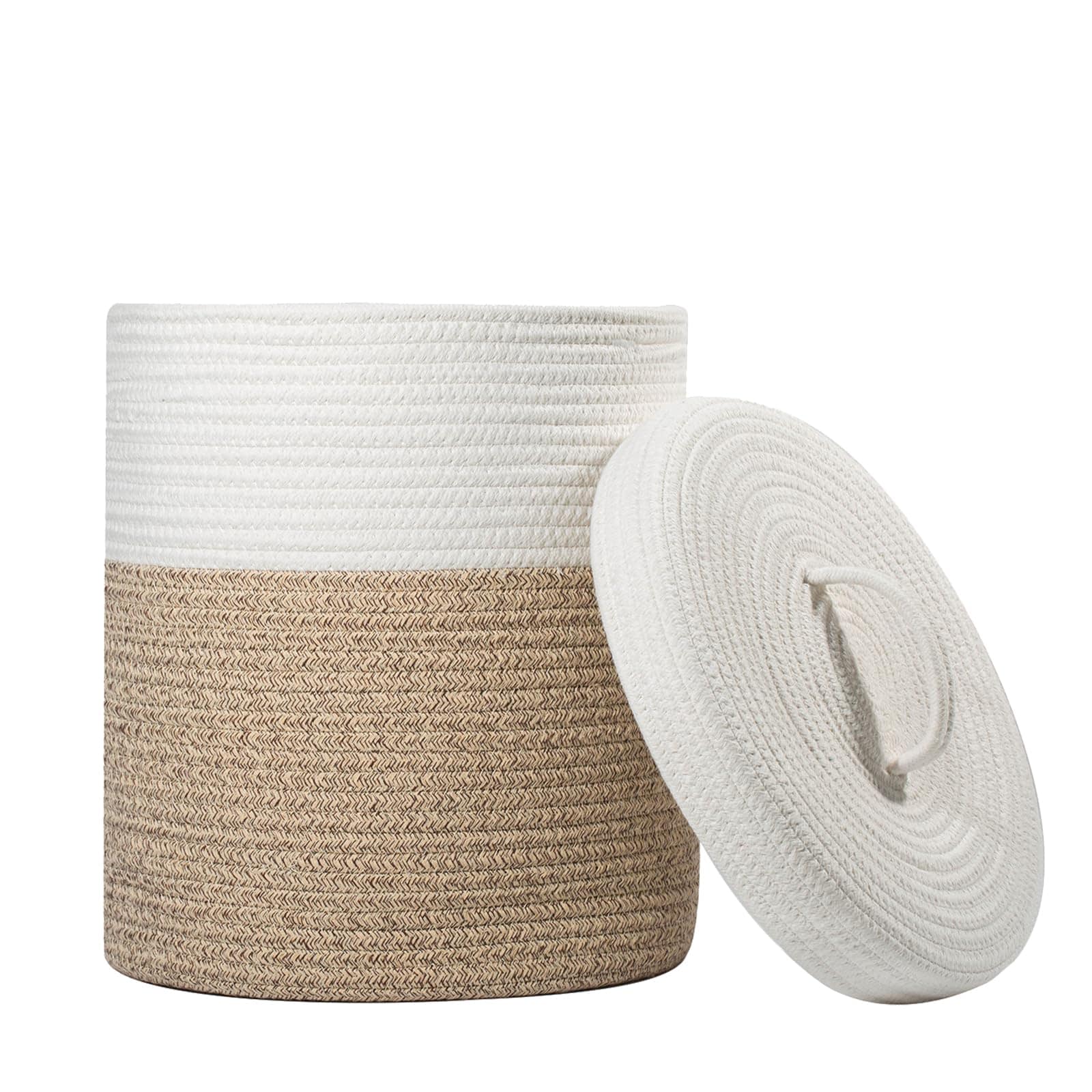 AKSCYZM Medium Cotton Rope Storage Basket with Lid Round Small Basket for Nursery Living Room Kids Blanket Toys Brown White 11.5D by 13.5H #LAK0819K496