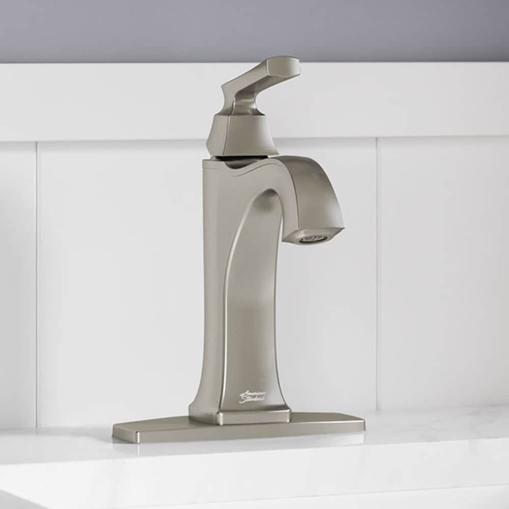 American Standard 7426101.295 Belmeade Brushed Nickel Single hole 1-handle WaterSense Mid-arc Residential Handle Bathroom Sink Faucet with Drain with Deck Plate