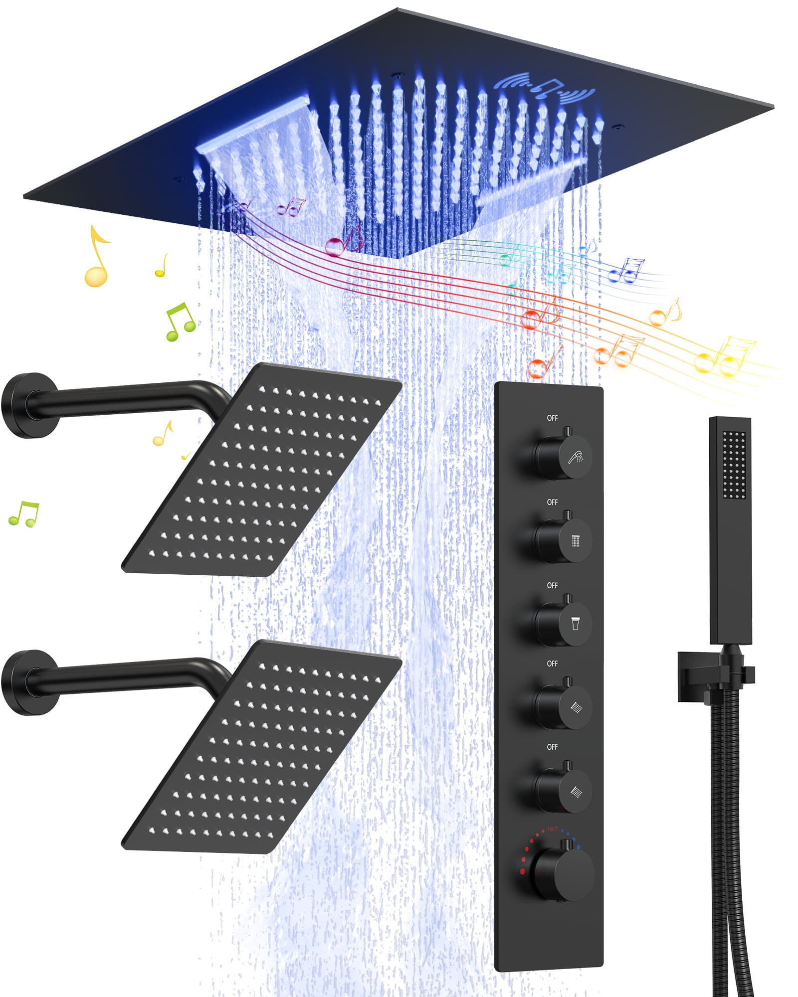 EVERSTEIN SFS-1056-BK20 5-Spray Patterns Square Dual Ceiling Mount Shower Head Fixed Shower Head with Handheld in Matte Black