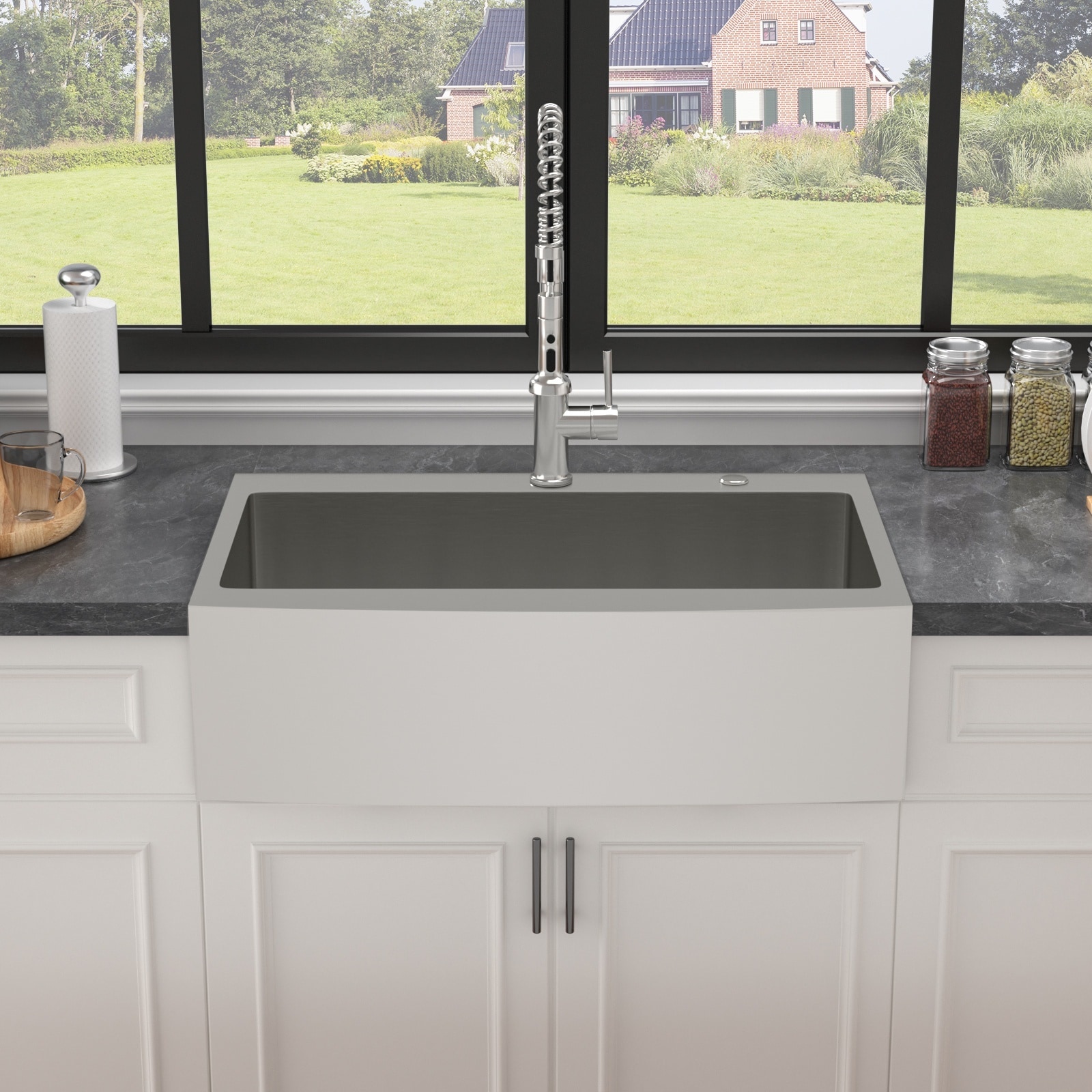 LIVACA 33 inch Brushed Nickel Stainless Steel 16 Gauge Drop In Farmhouse Kitchen Sink with Apron Front and X-Shaped Water Guide