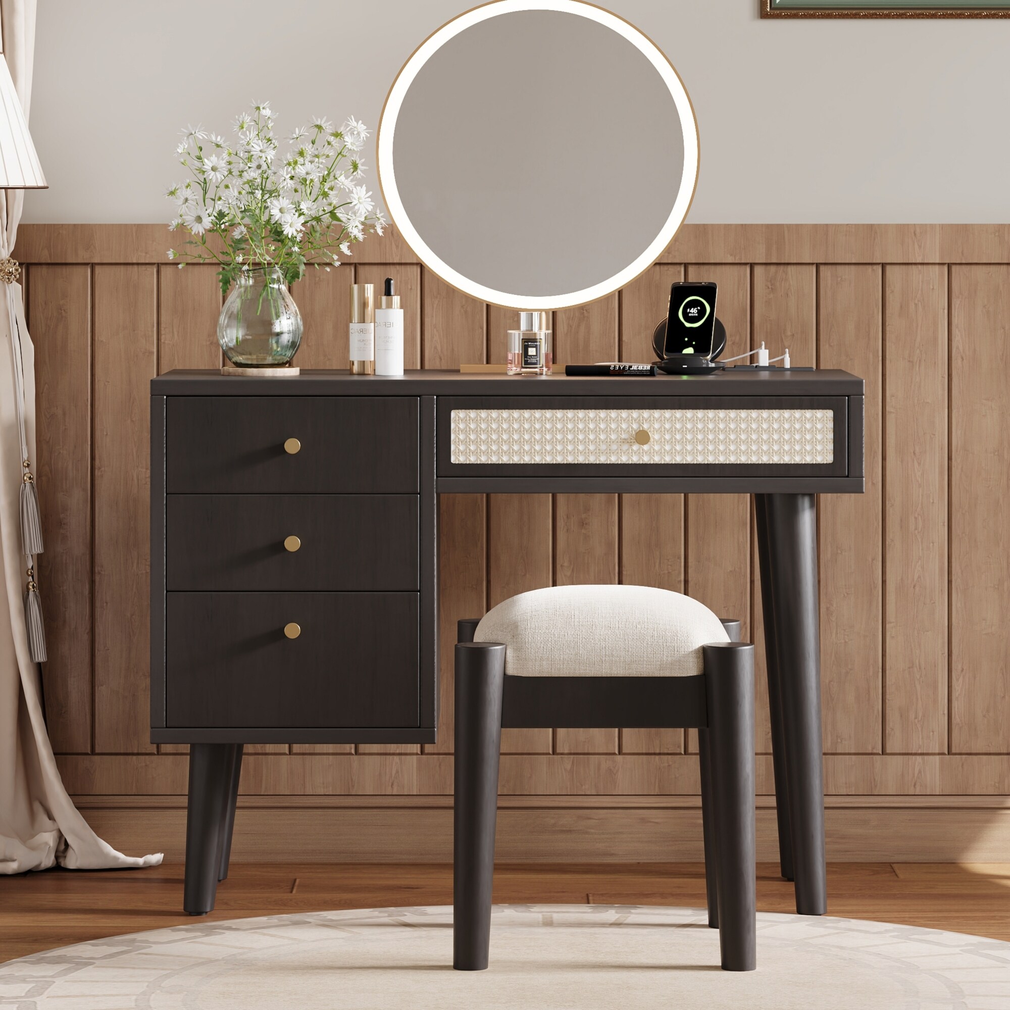 ModernLuxe N733P180011B 39inch Retro Bohemian Style Wooden Makeup Vanity Set with Charging PlugUSB Port and StoolDressing Table with 3 Storage Drawers and 1 Rectangular Rattan DrawerBlack