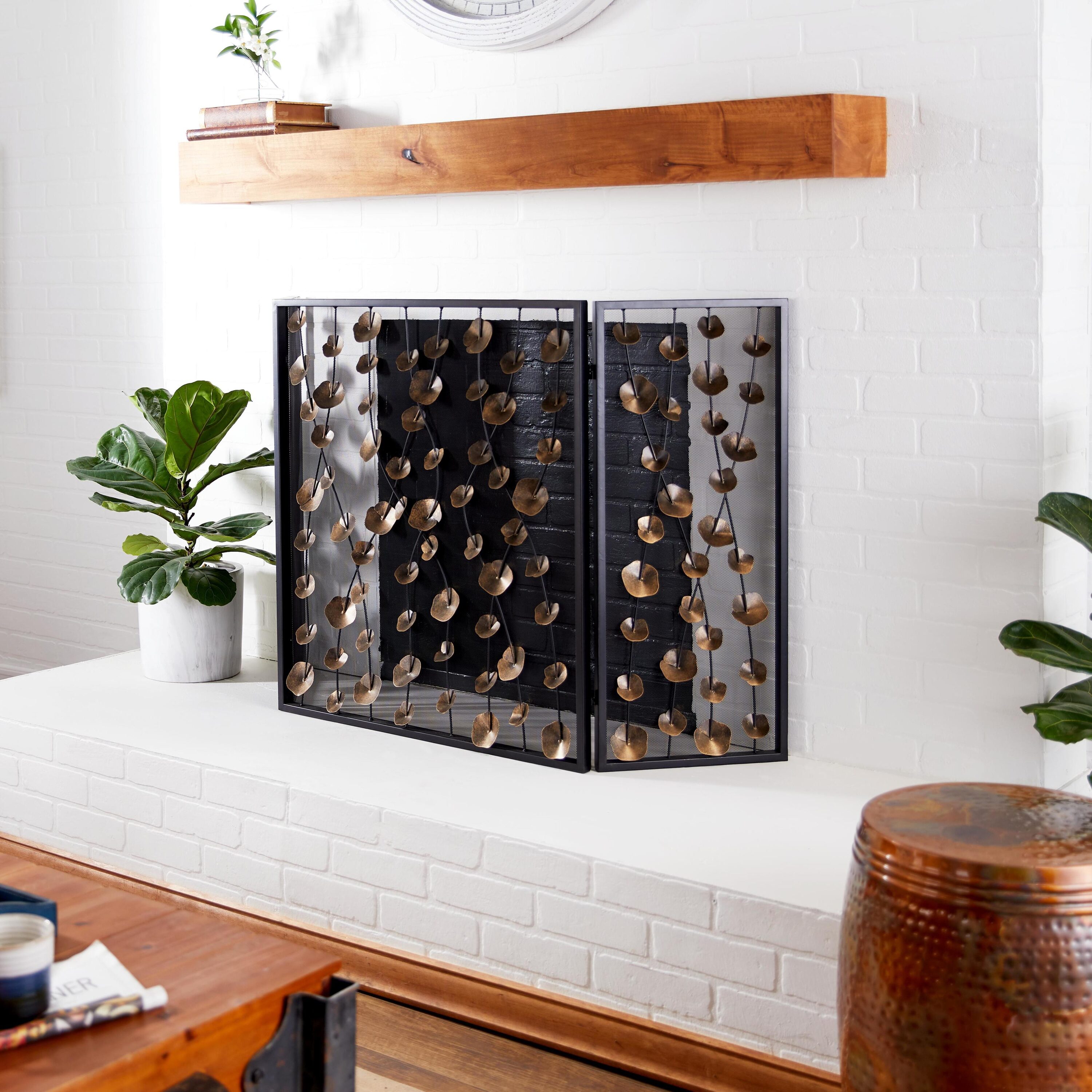 Grayson Lane 46269 56-in Gold 3 Panel Foldable Mesh Netting with 3D Floral on Vines Iron 3 -Panel Flat Fireplace Screen