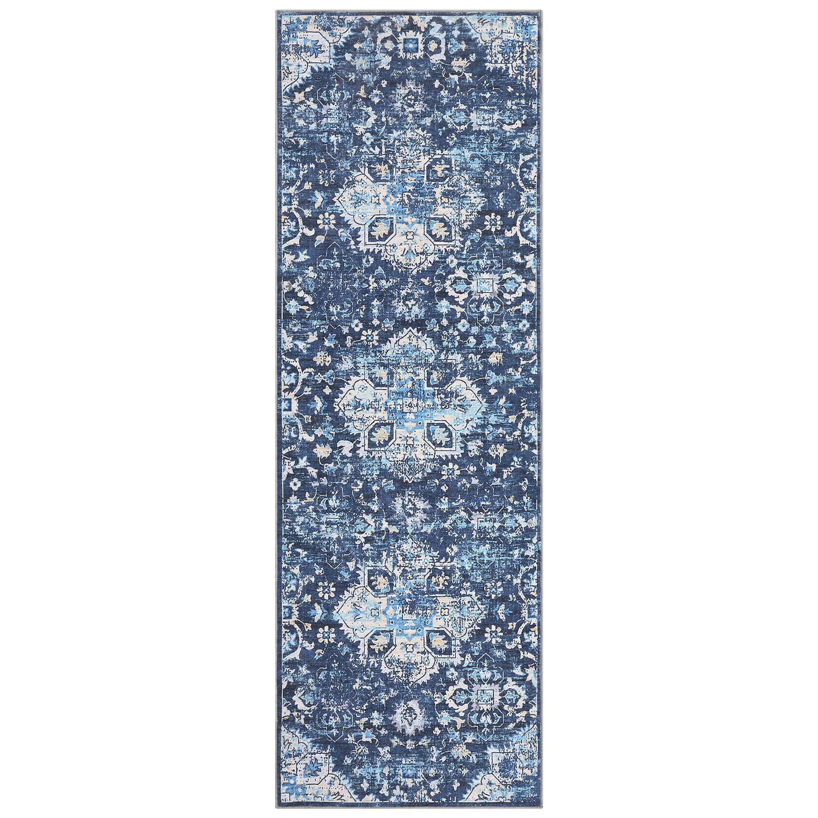Qeetex LSN-PHO-1510M1OB 2 x 6 ft Polyester Pearl Velvet Blue Rectangular Hallway Bathroom Entryway Kitchen Office Foldable Bruguiera Sexangula Printed Persian Washable Area Rug