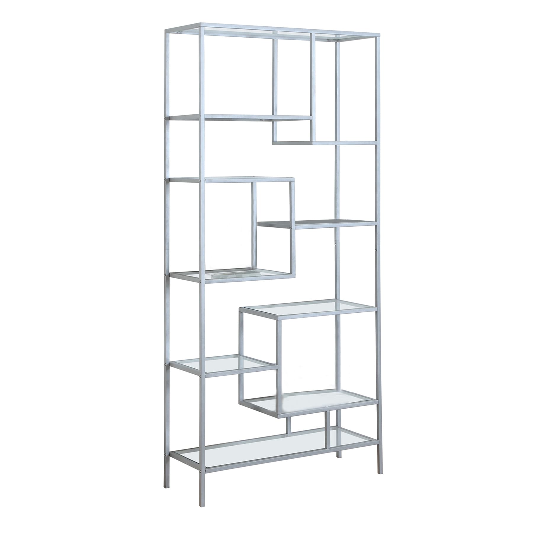 Modern 72" White Metal and Tempered Glass Bookcase with 9 Shelves