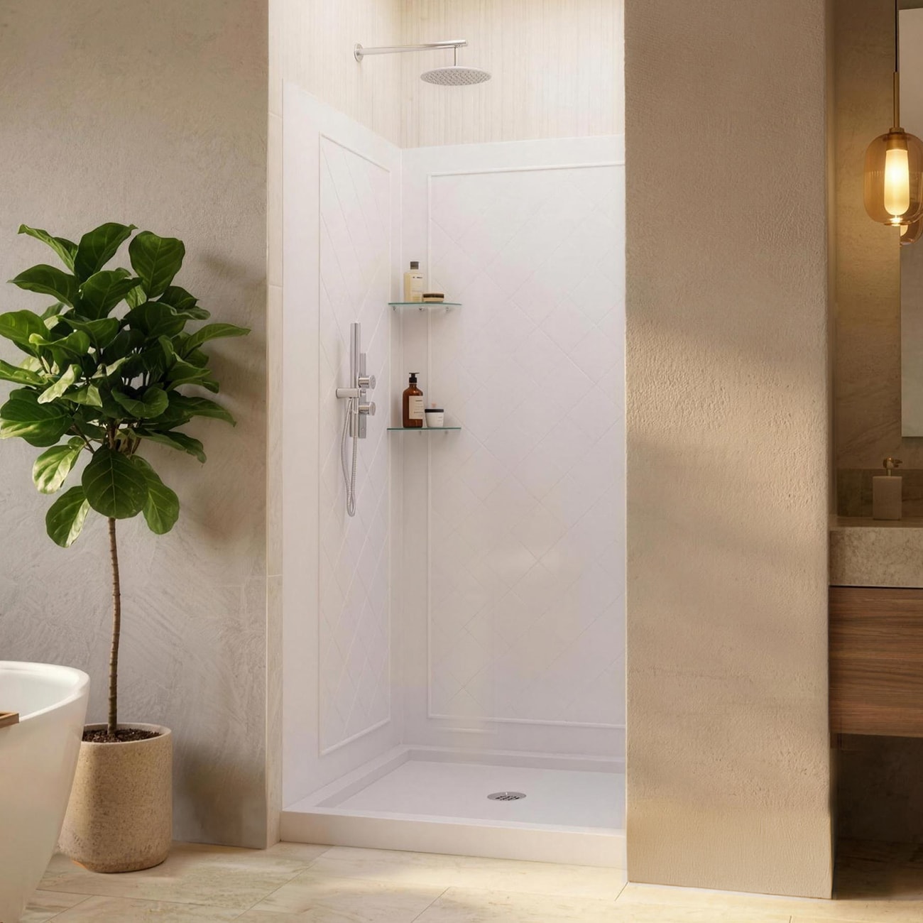 DreamLine QWALL-5 2 -Piece 36-in W x 36-in L x 77-in H Square Alcove shower kit (Center Drain) Base and Wall White Hardware Included