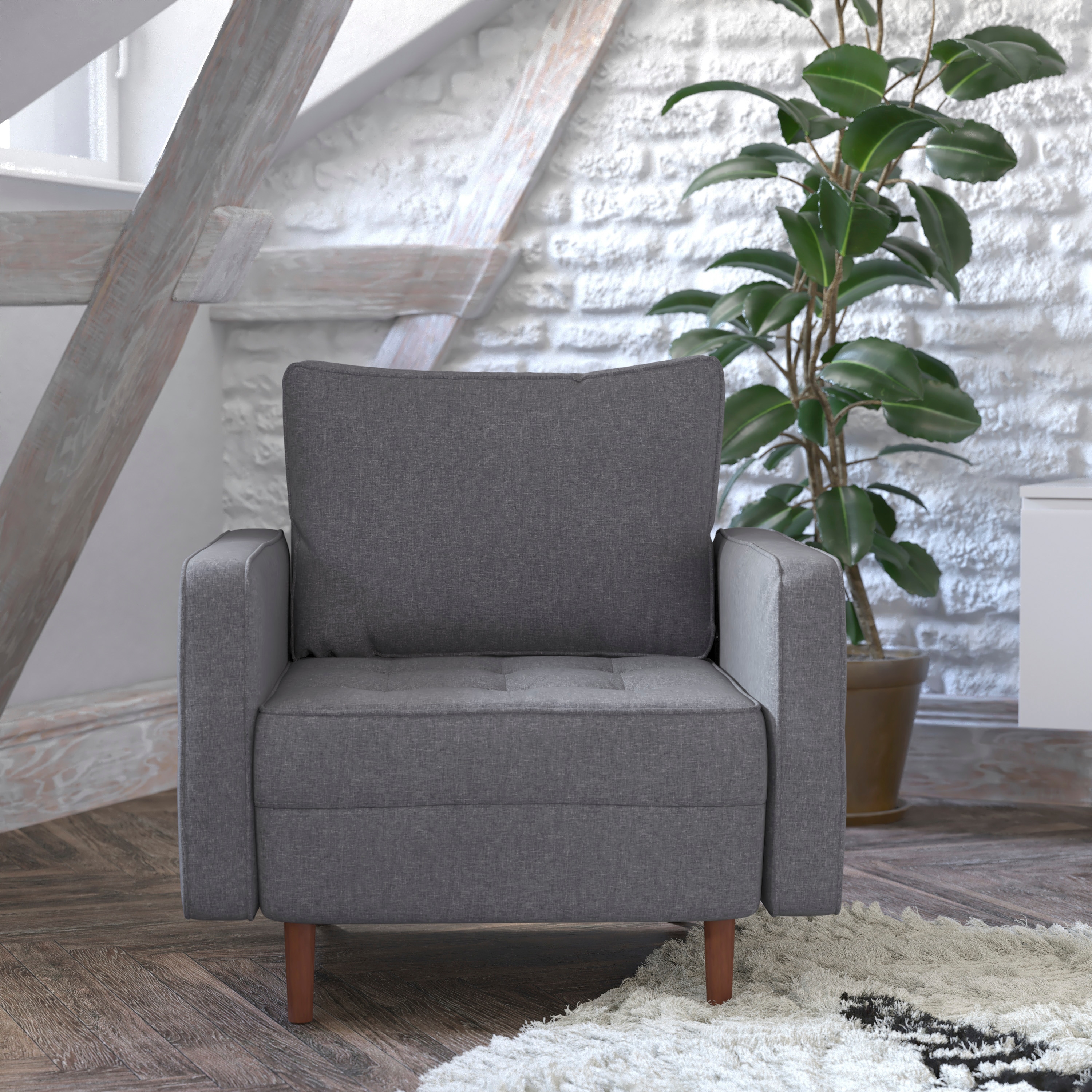 Flash Furniture 840196379111 Hudson Mid-Century Modern Commercial Grade Armchair with Tufted Faux Linen Upholstery and Solid Wood Legs in Dark Gray