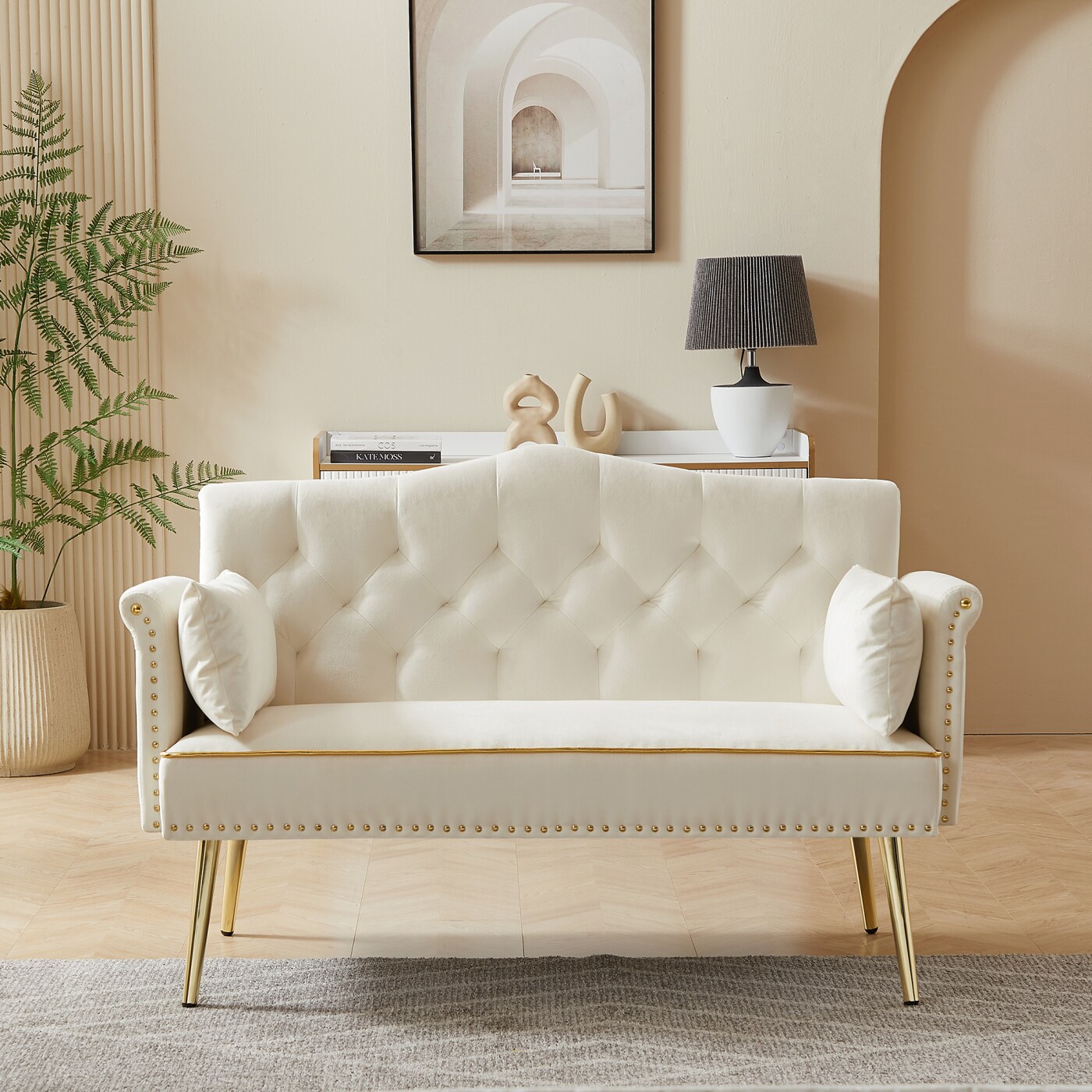 CHITA Cream and White 2-Seater Velvet Loveseat Sofa Button-Tufted ...