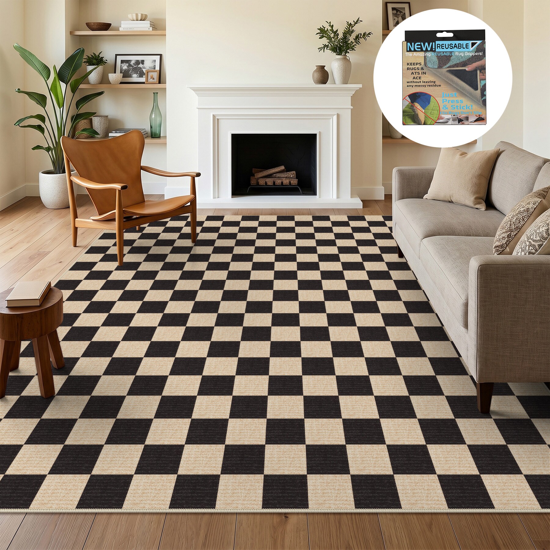 LITTLE TREE 8x10 (ft) Black Checkered Area Rugs Washable Easy-Clean Non-Slip Stain Resistant Soft Carpet with Extra Anti-Slip Patches Geometric Rugs for Entryway Living Room Nursery Bedroom