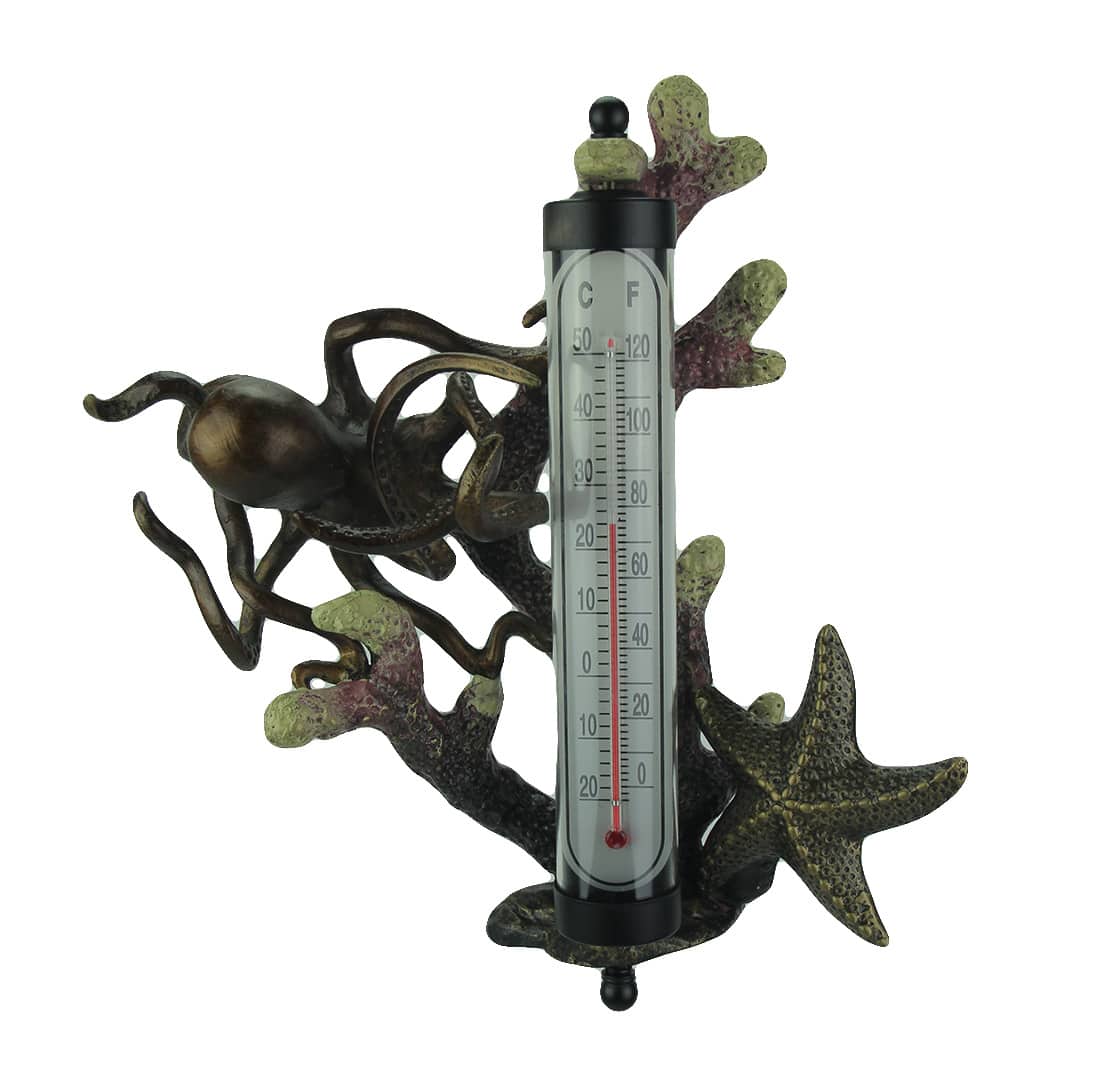 Zeckos Antique Bronze Swimming Octopus Wall Mounted Thermomter #34746