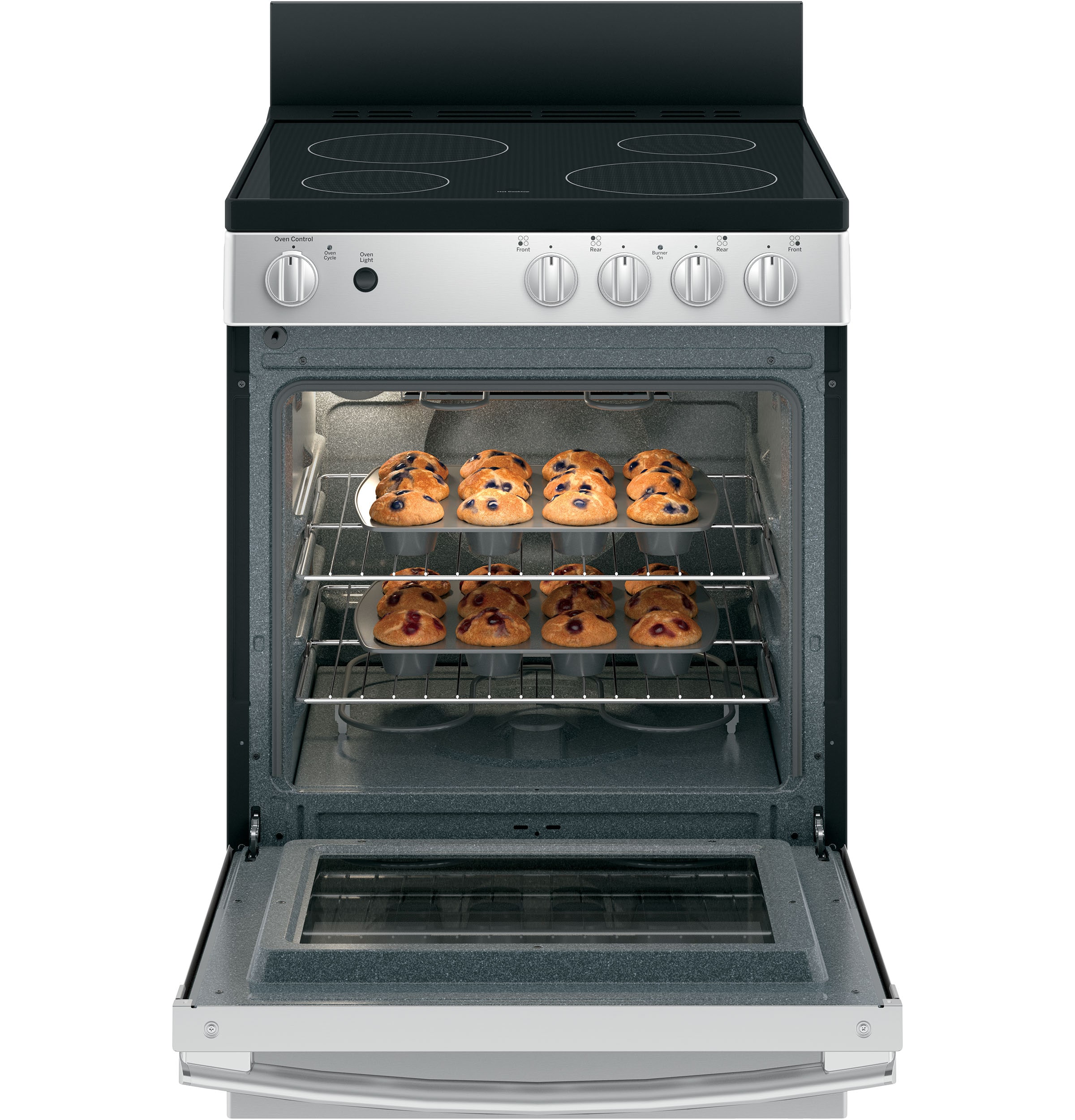 GE 24-in Glass Top 4 Burners 2.9-cu ft Steam Cleaning Freestanding Electric  Range (Stainless Steel)