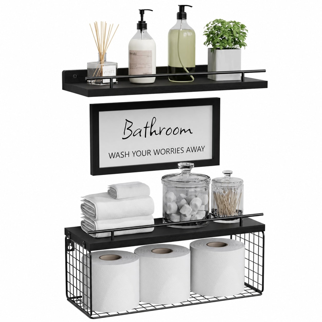 Vrbgify  Floating Shelves for Bathroom Wall Decor Set Black Wood Storage Organizer Over Toilet with Metal Guardrail Basket Farmhouse Style
